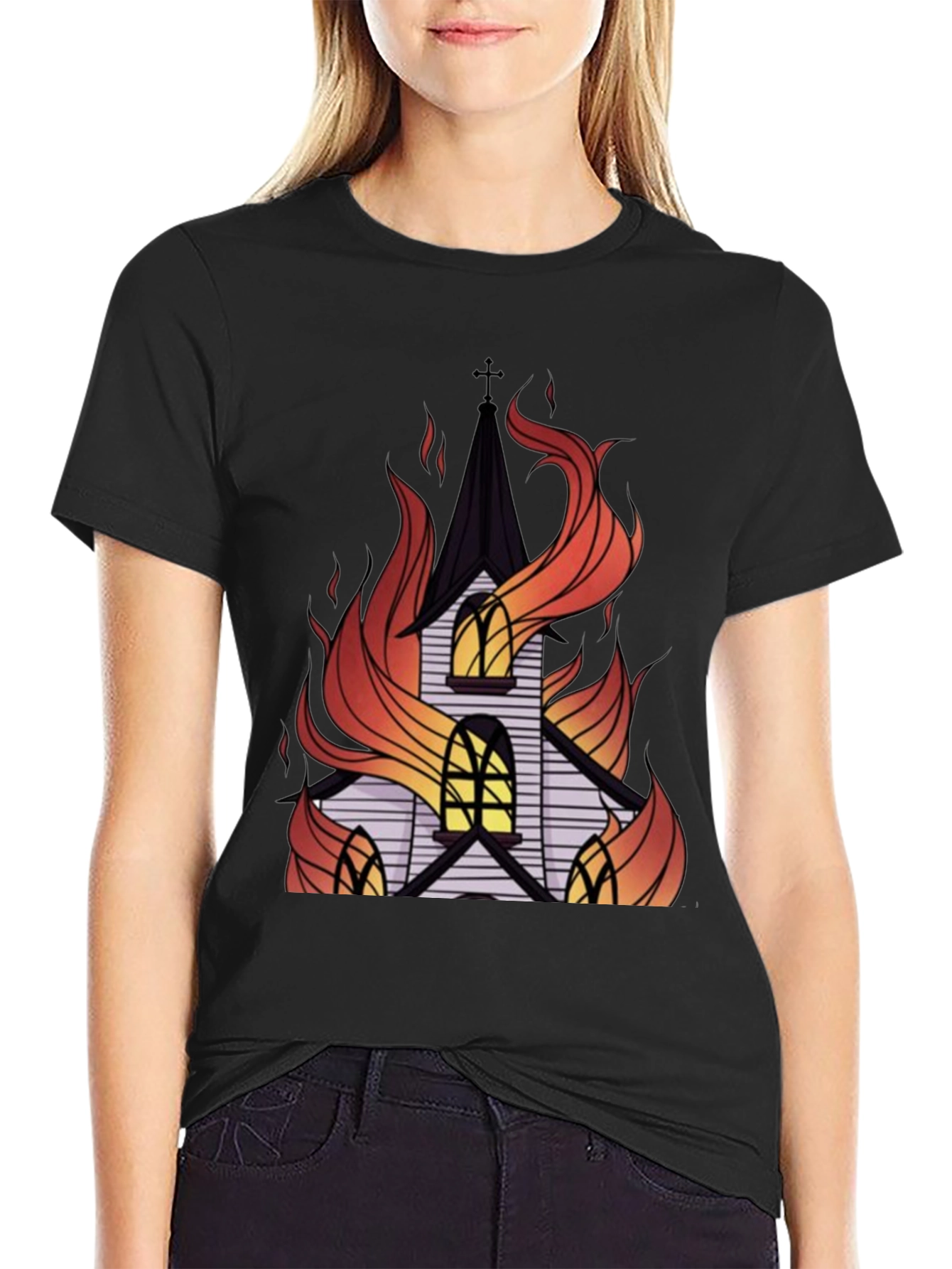 Burning Church Graphic Tee - Black Cotton T-Shirt