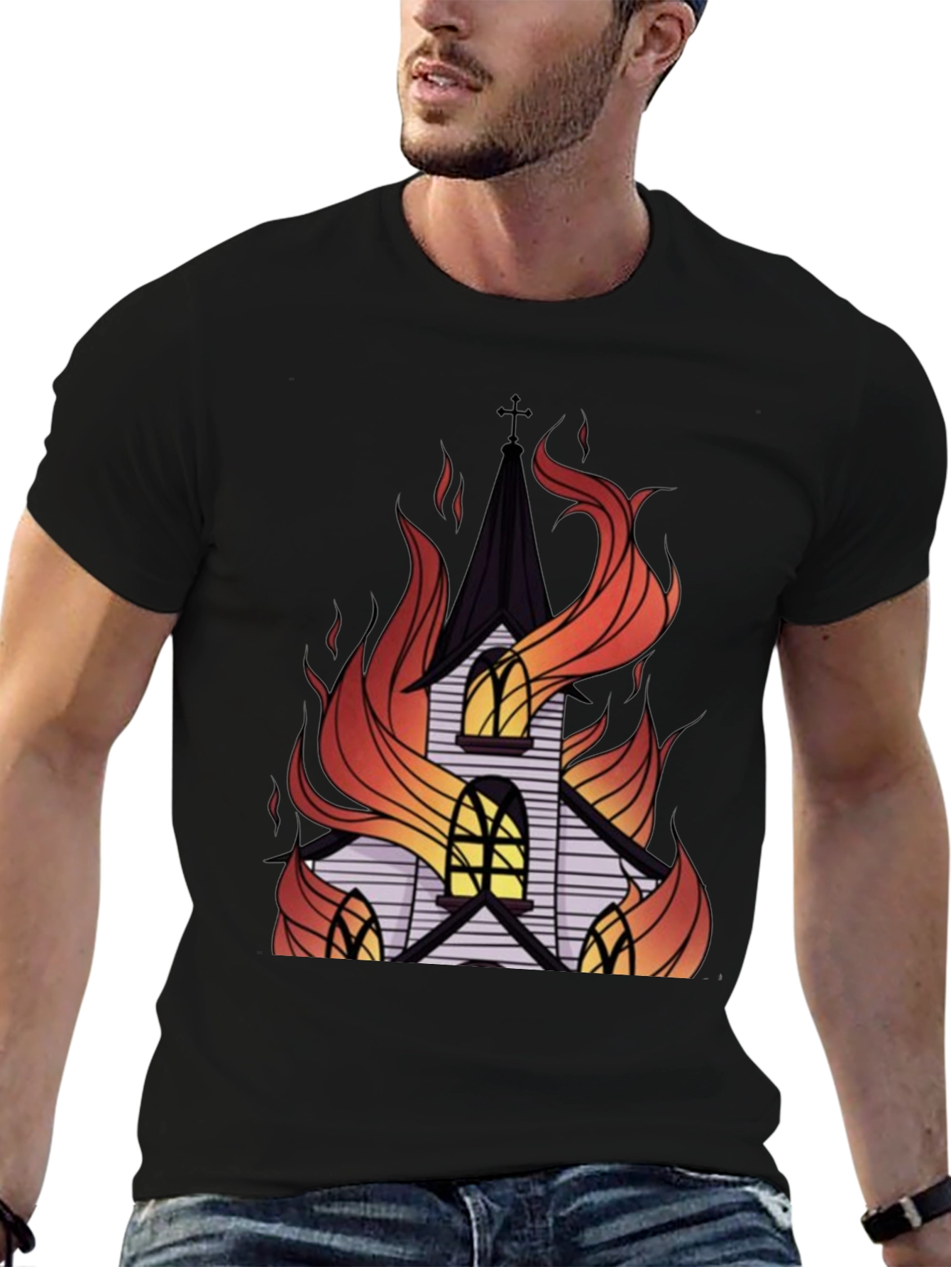 Burning Church Graphic Tee - Black Cotton T-Shirt