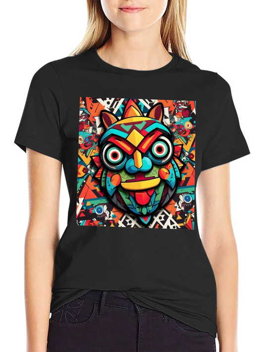 Bold Graphic Tee - Colorful Tribal Mask Design