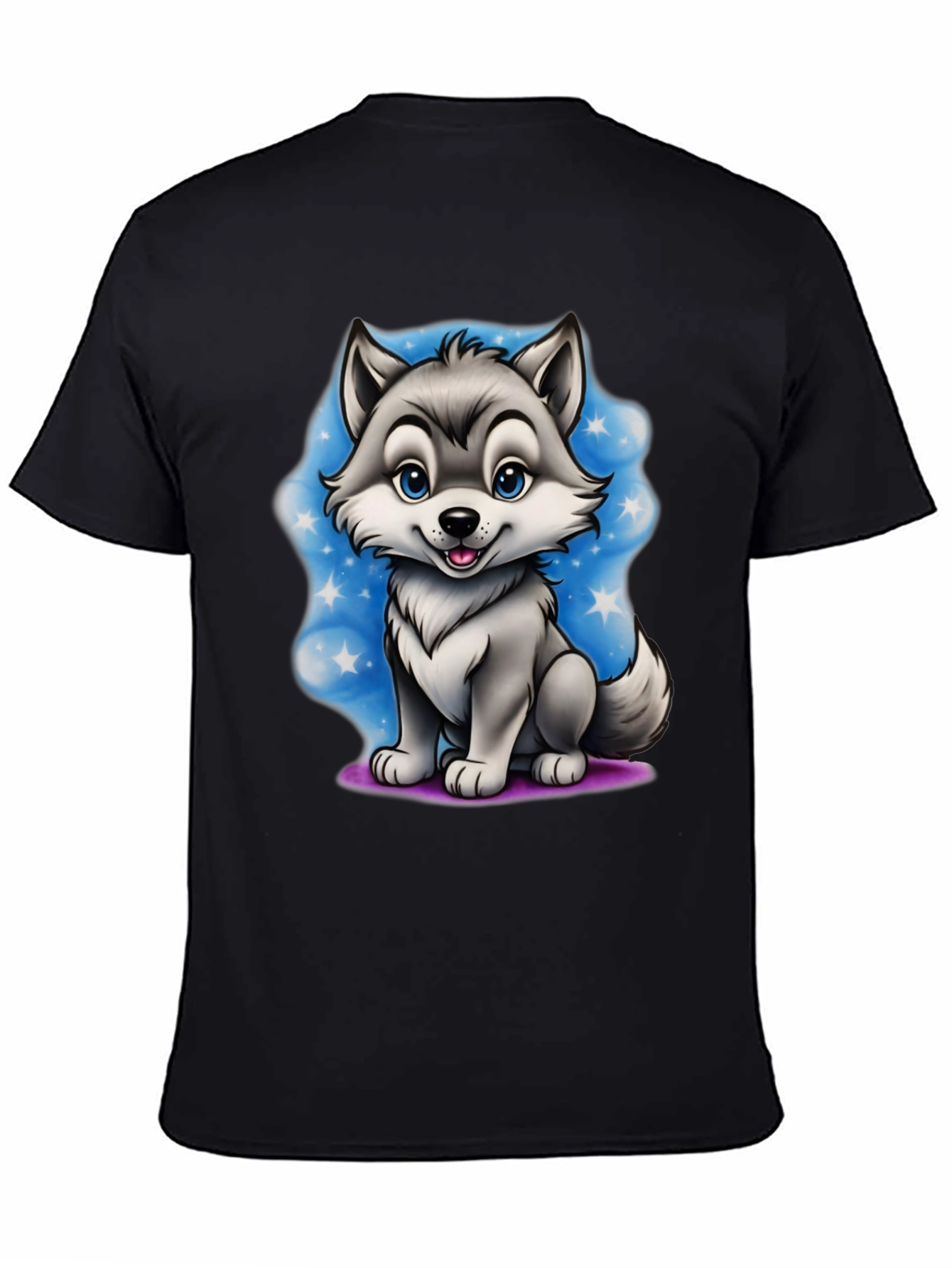 Cartoon Wolf Graphic Tee - Black