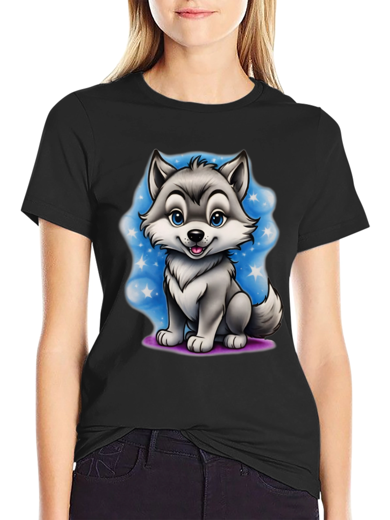Cartoon Wolf Graphic Tee - Black