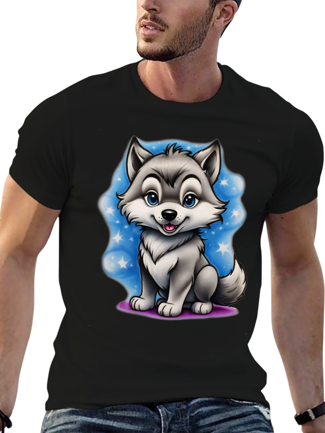 Cartoon Wolf Graphic Tee - Black