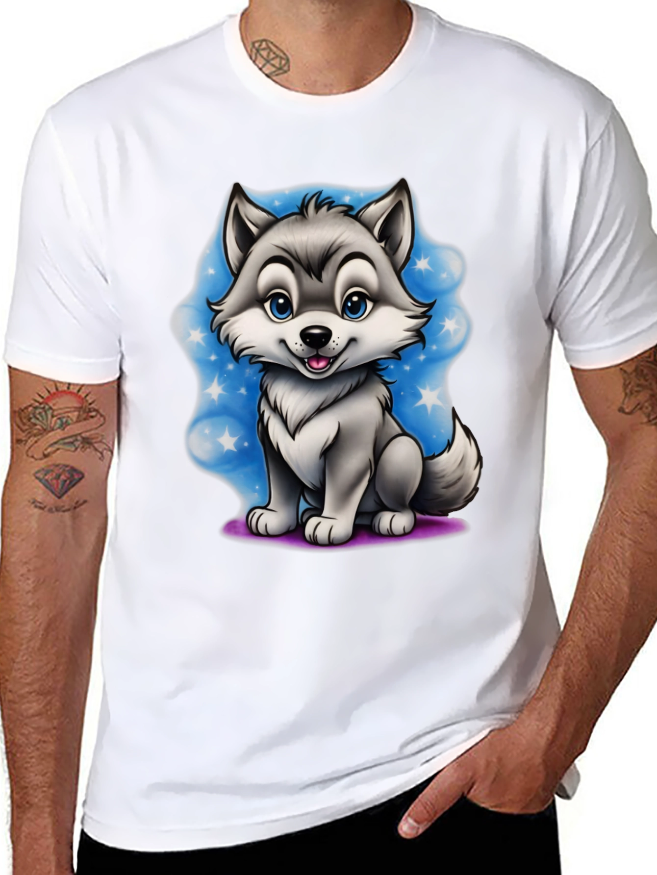Cartoon Wolf Graphic Tee - Black
