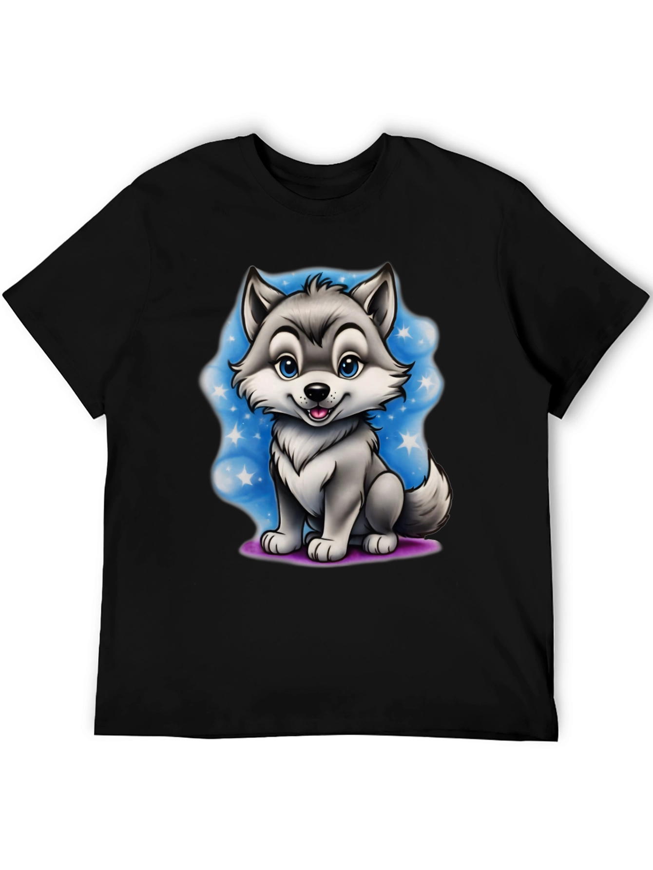 Cartoon Wolf Graphic Tee - Black