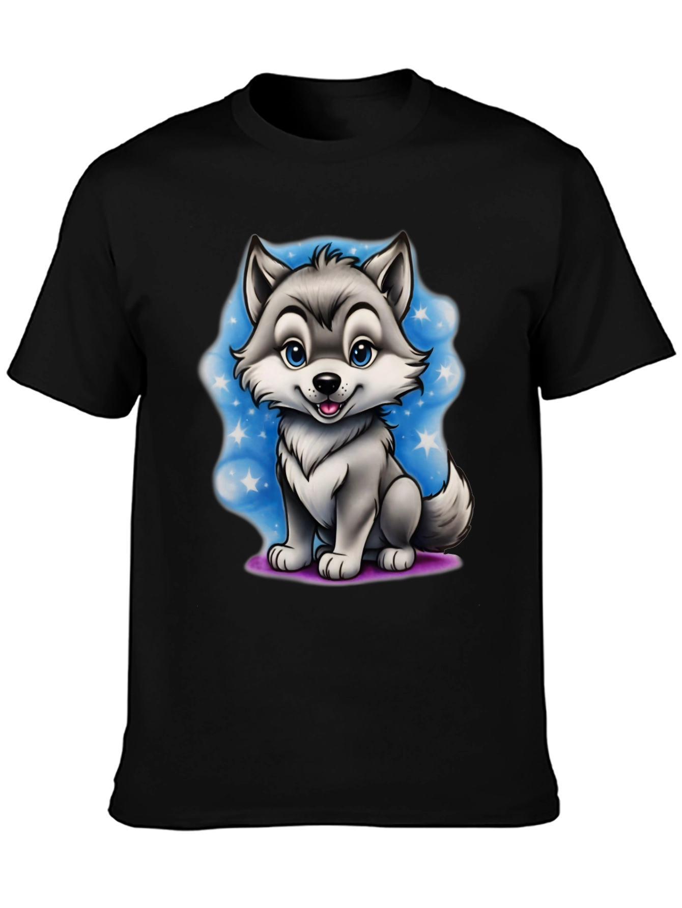 Cartoon Wolf Graphic Tee - Black