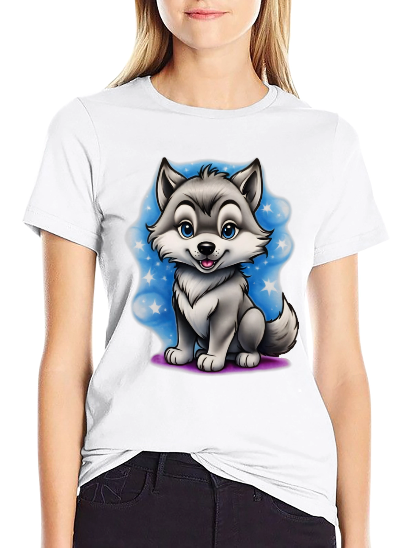 Cartoon Wolf Graphic Tee - Black
