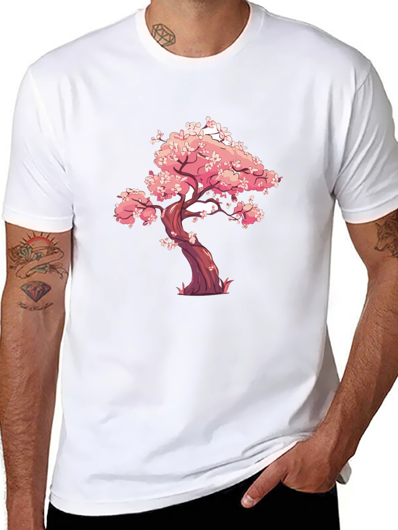 Black T-Shirt with Cherry Blossom Tree Graphic