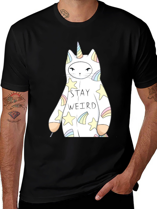 Stay Weird Unicorn Cat Graphic Tee - Mens Black T-Shirt