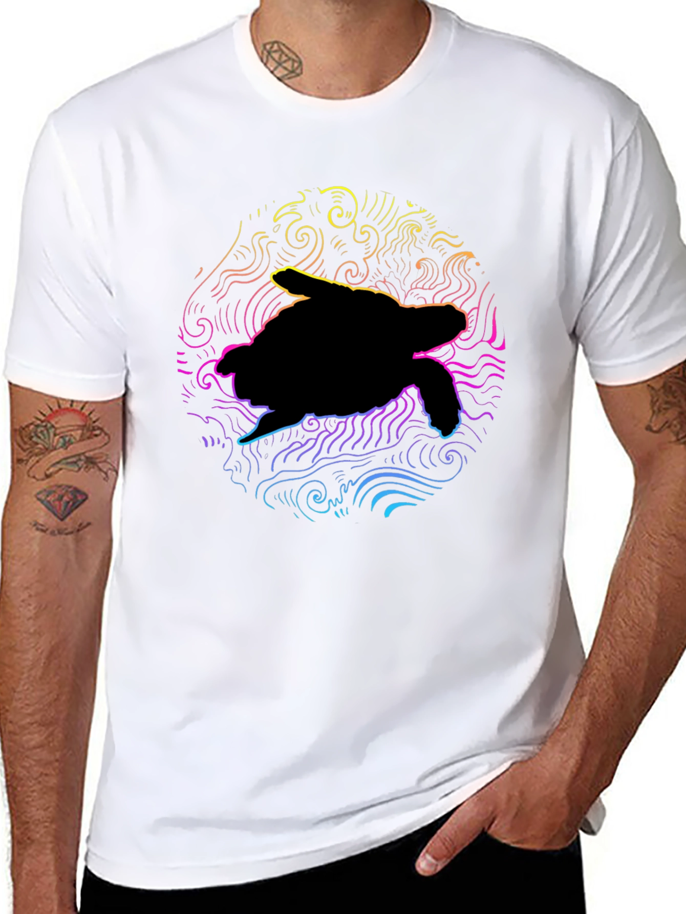 Neon Turtle Graphic T-Shirt - Black Cotton Blend