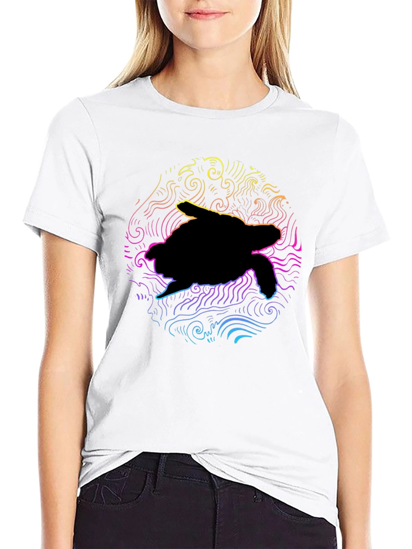 Neon Turtle Graphic T-Shirt - Black Cotton Blend