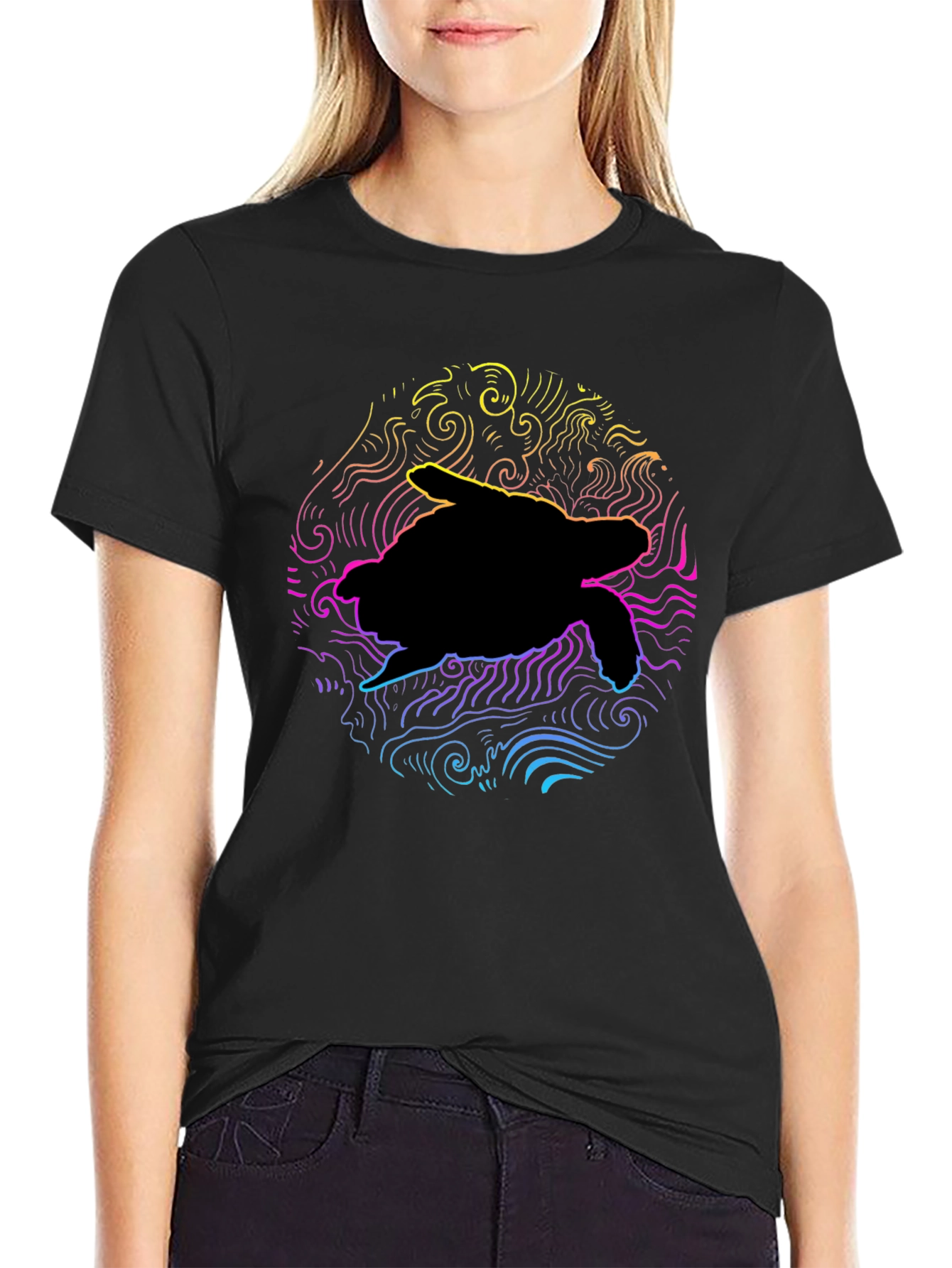 Neon Turtle Graphic T-Shirt - Black Cotton Blend