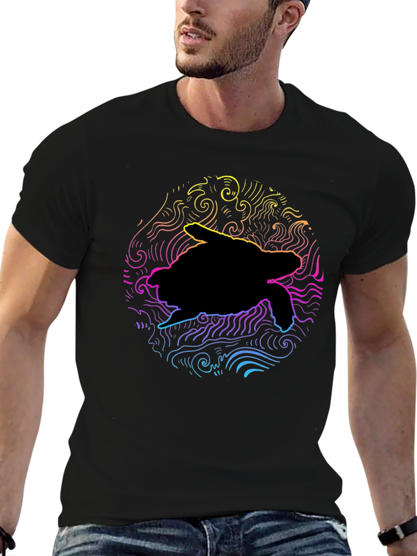 Neon Turtle Graphic T-Shirt - Black Cotton Blend