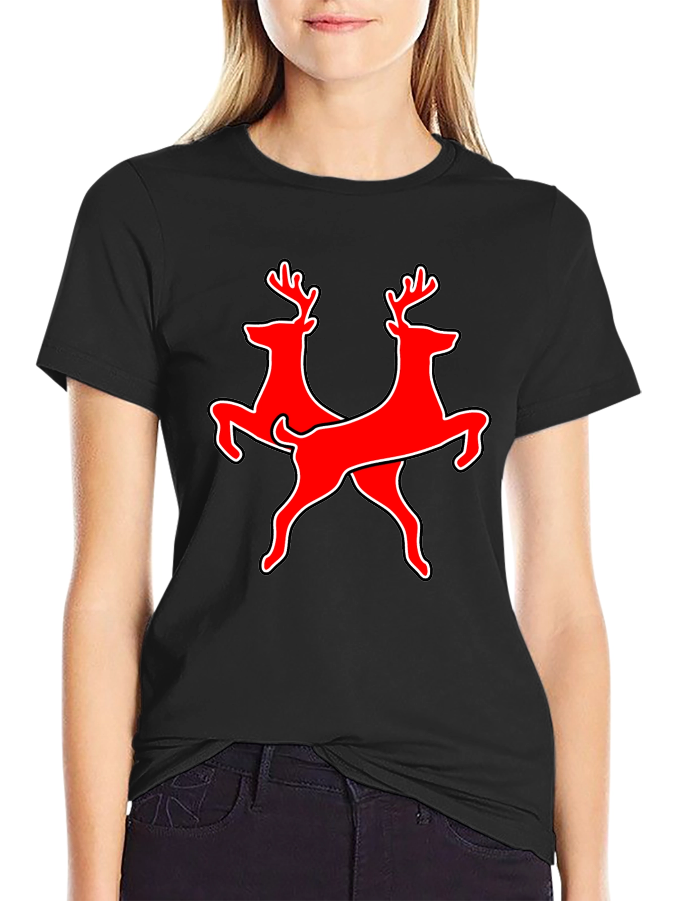 Twin Deer Graphic Tee - Black Cotton T-Shirt