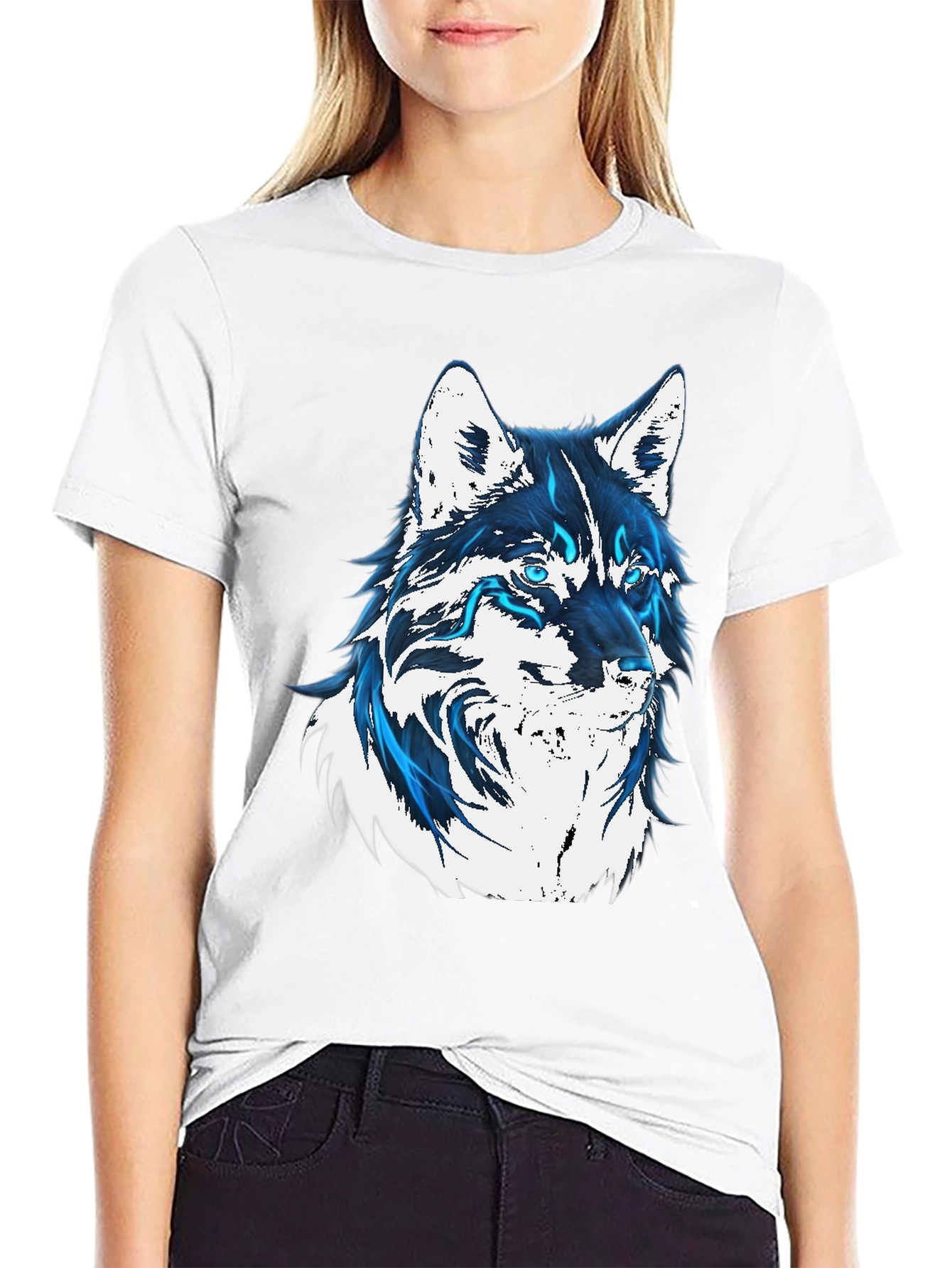 Wolf Graphic Print T-Shirt - Cool Blue Design