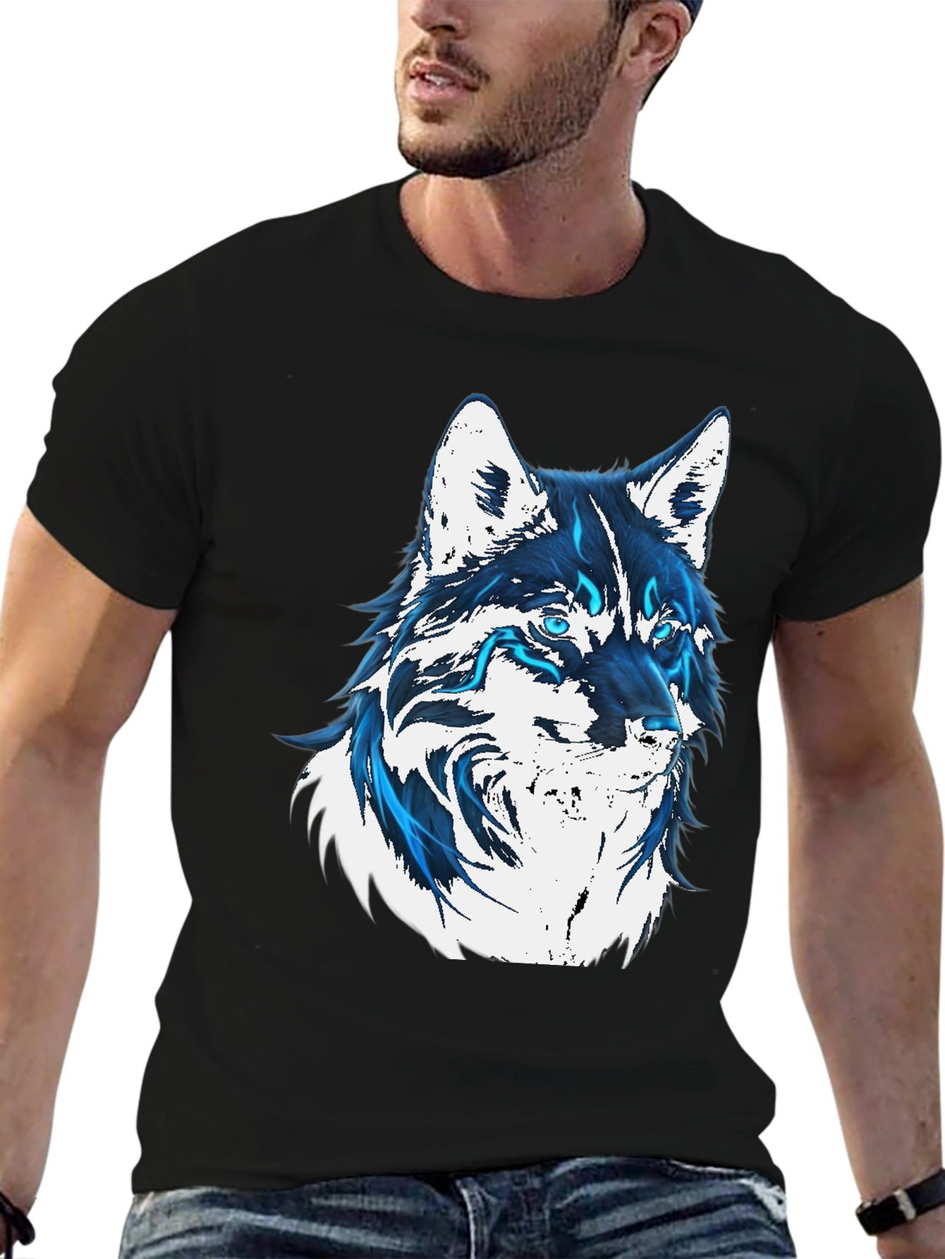 Wolf Graphic Print T-Shirt - Cool Blue Design