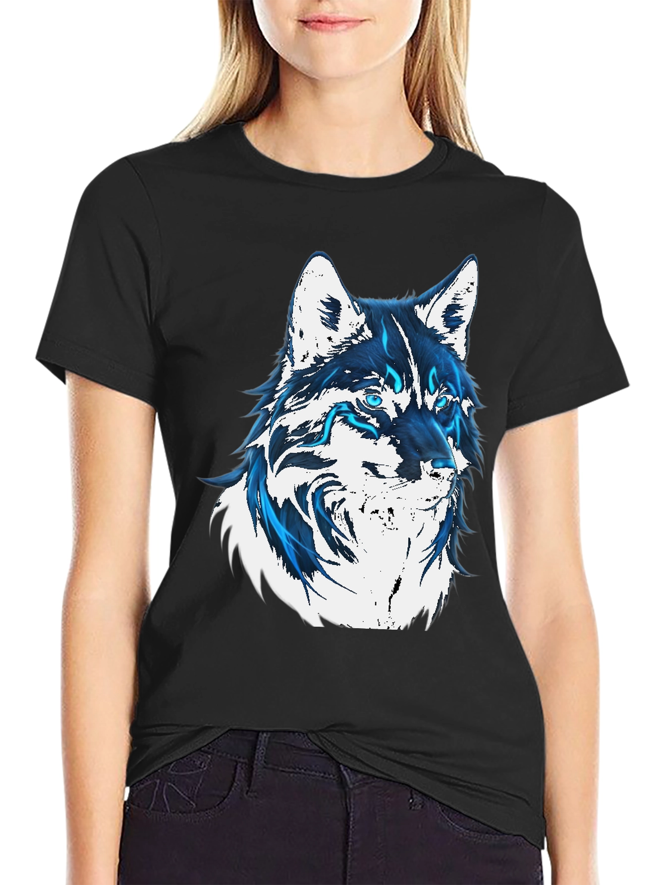Wolf Graphic Print T-Shirt - Cool Blue Design