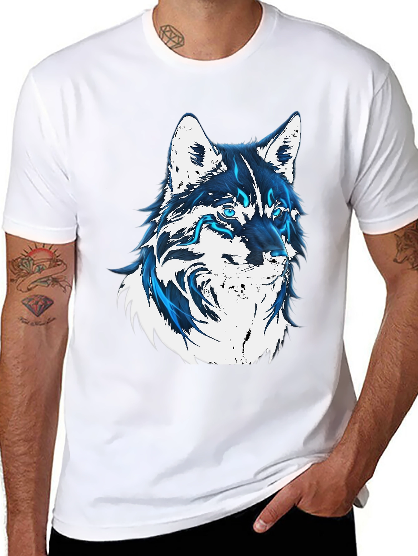 Wolf Graphic Print T-Shirt - Cool Blue Design