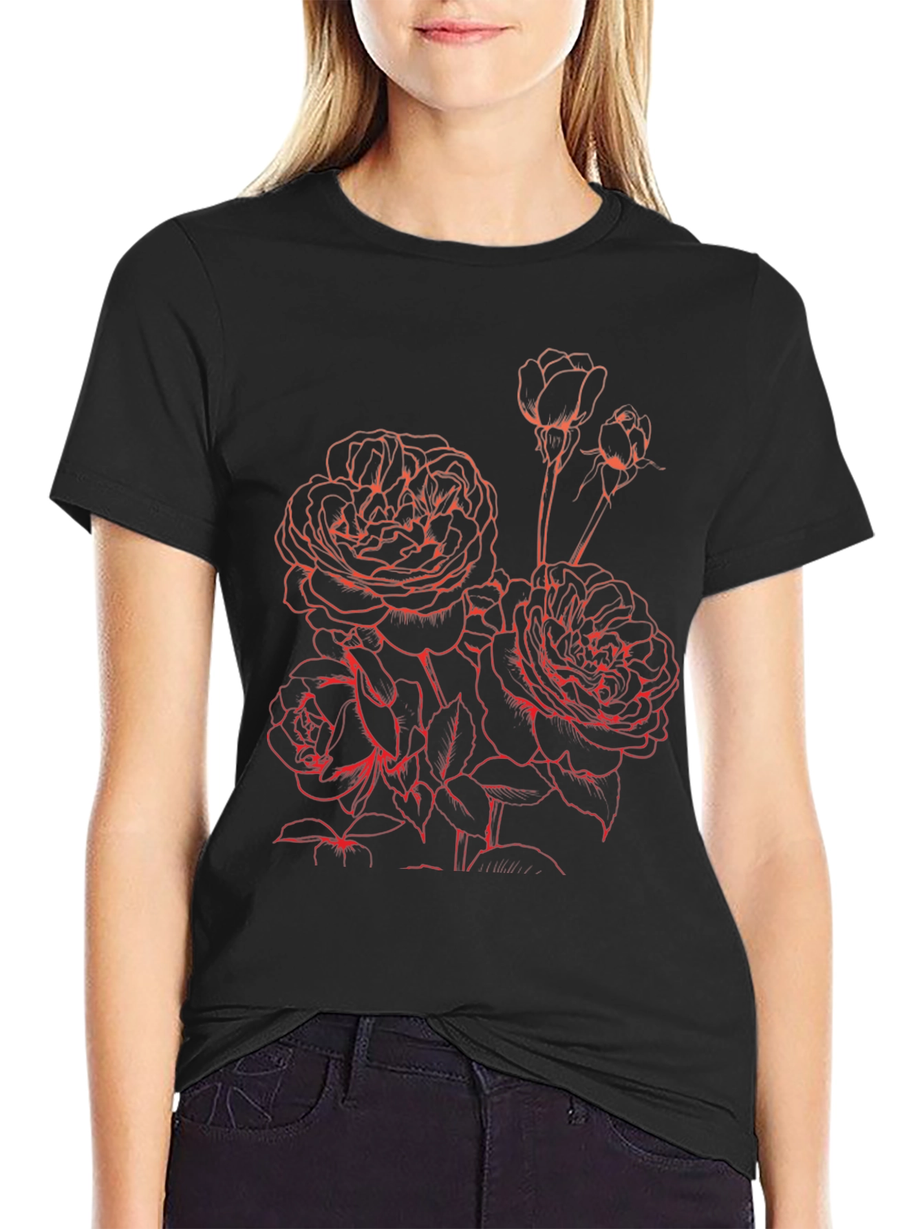 Black T-Shirt with Floral Red Rose Graphic
