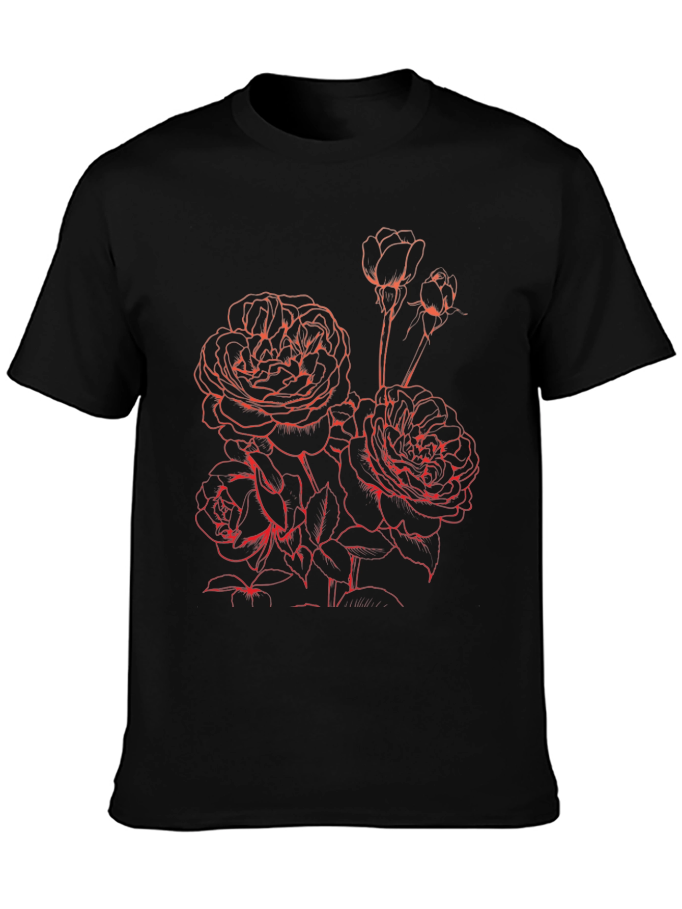 Black T-Shirt with Floral Red Rose Graphic