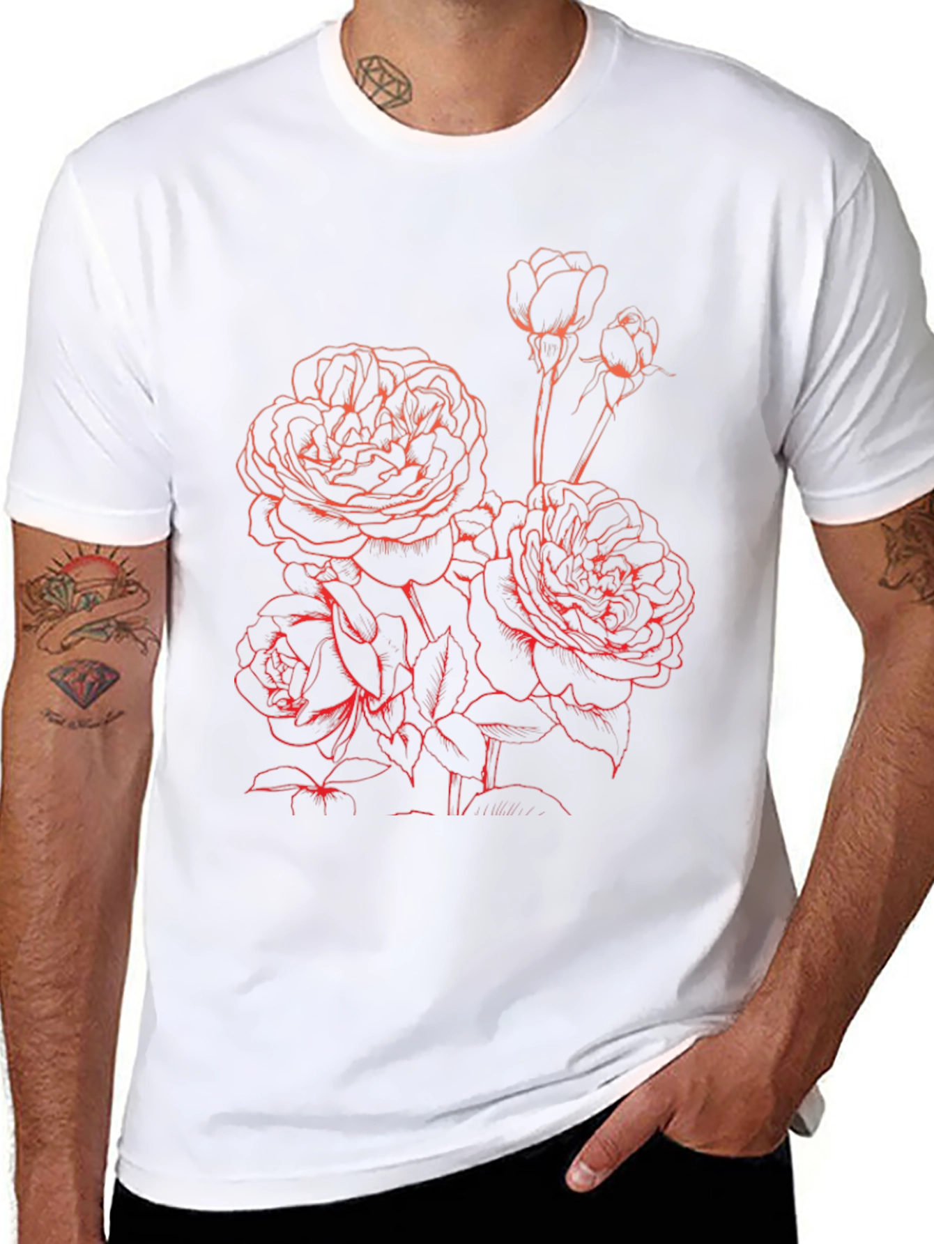 Black T-Shirt with Floral Red Rose Graphic