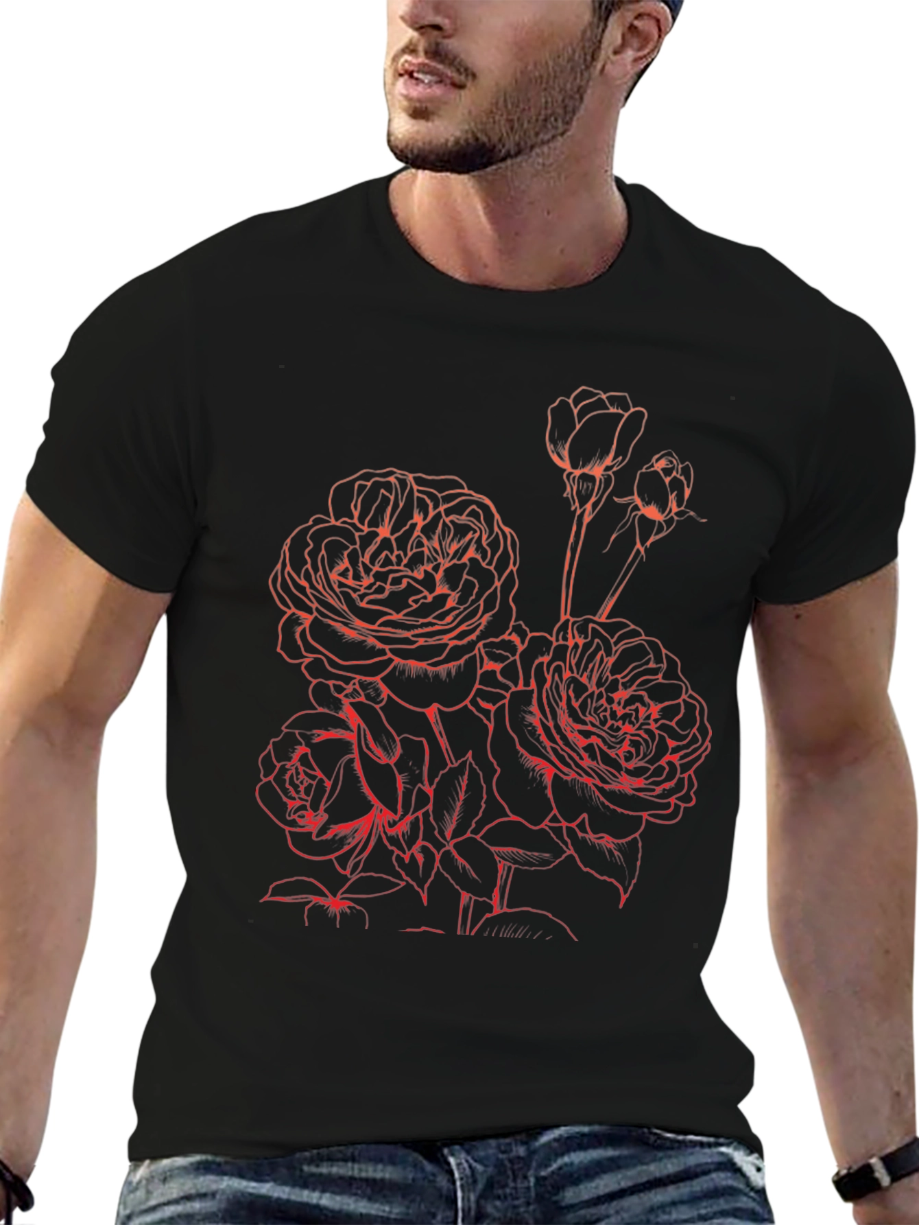 Black T-Shirt with Floral Red Rose Graphic