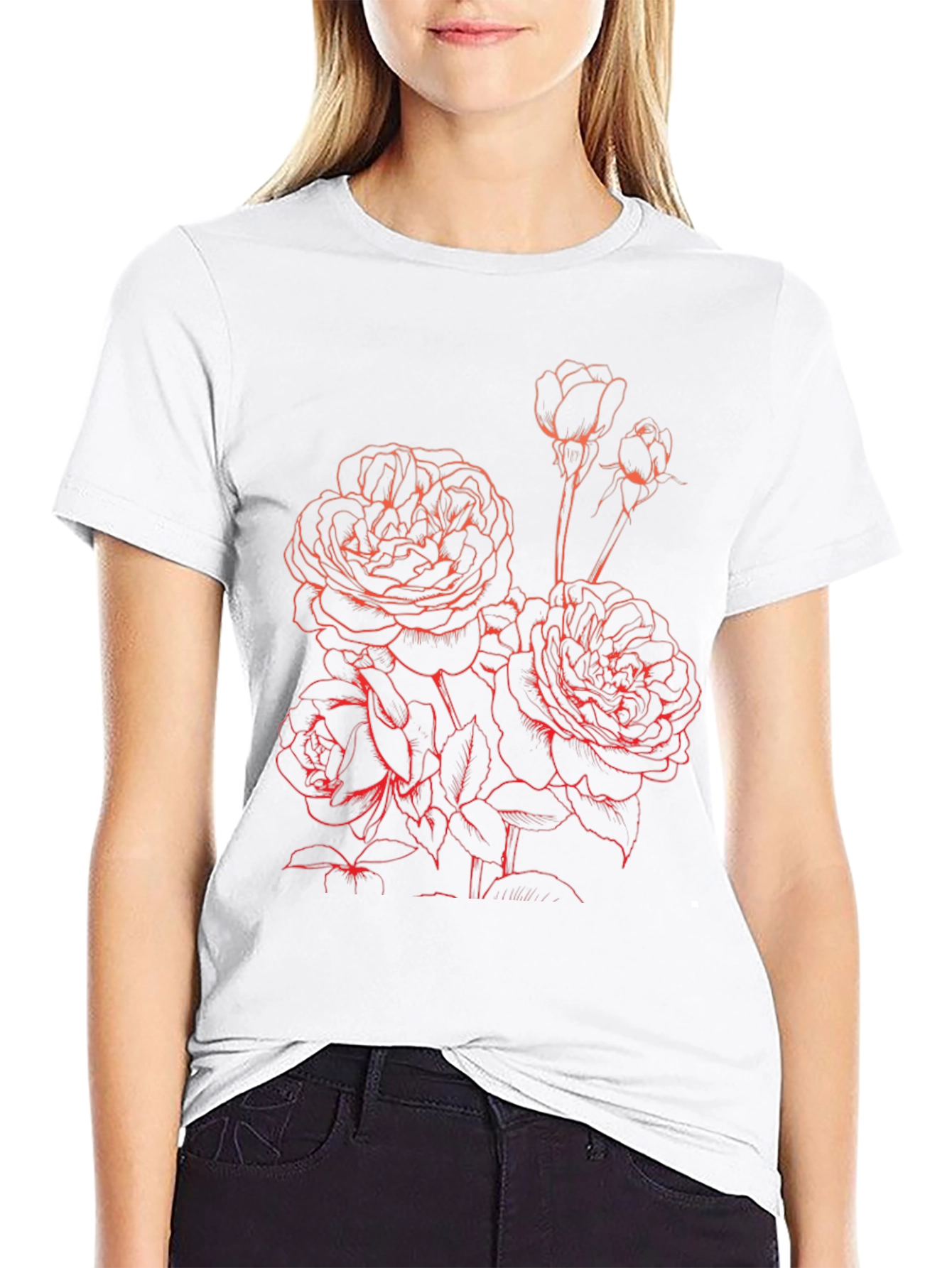 Black T-Shirt with Floral Red Rose Graphic