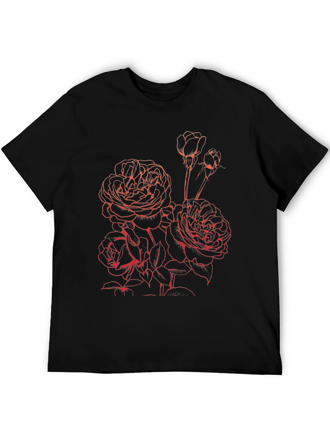 Black T-Shirt with Floral Red Rose Graphic