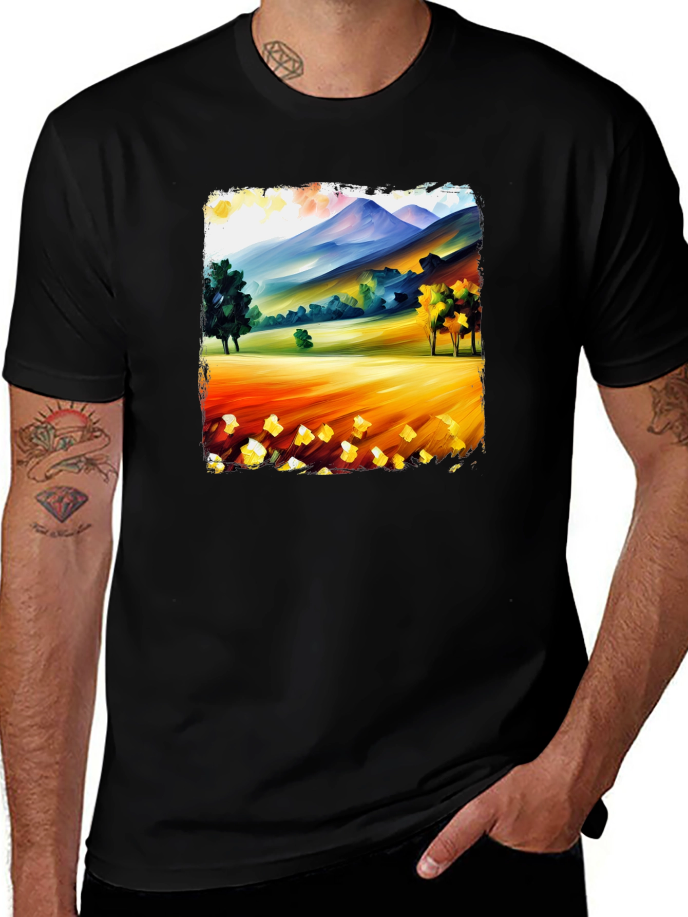 Painted Landscape Tee - Black Cotton T-Shirt