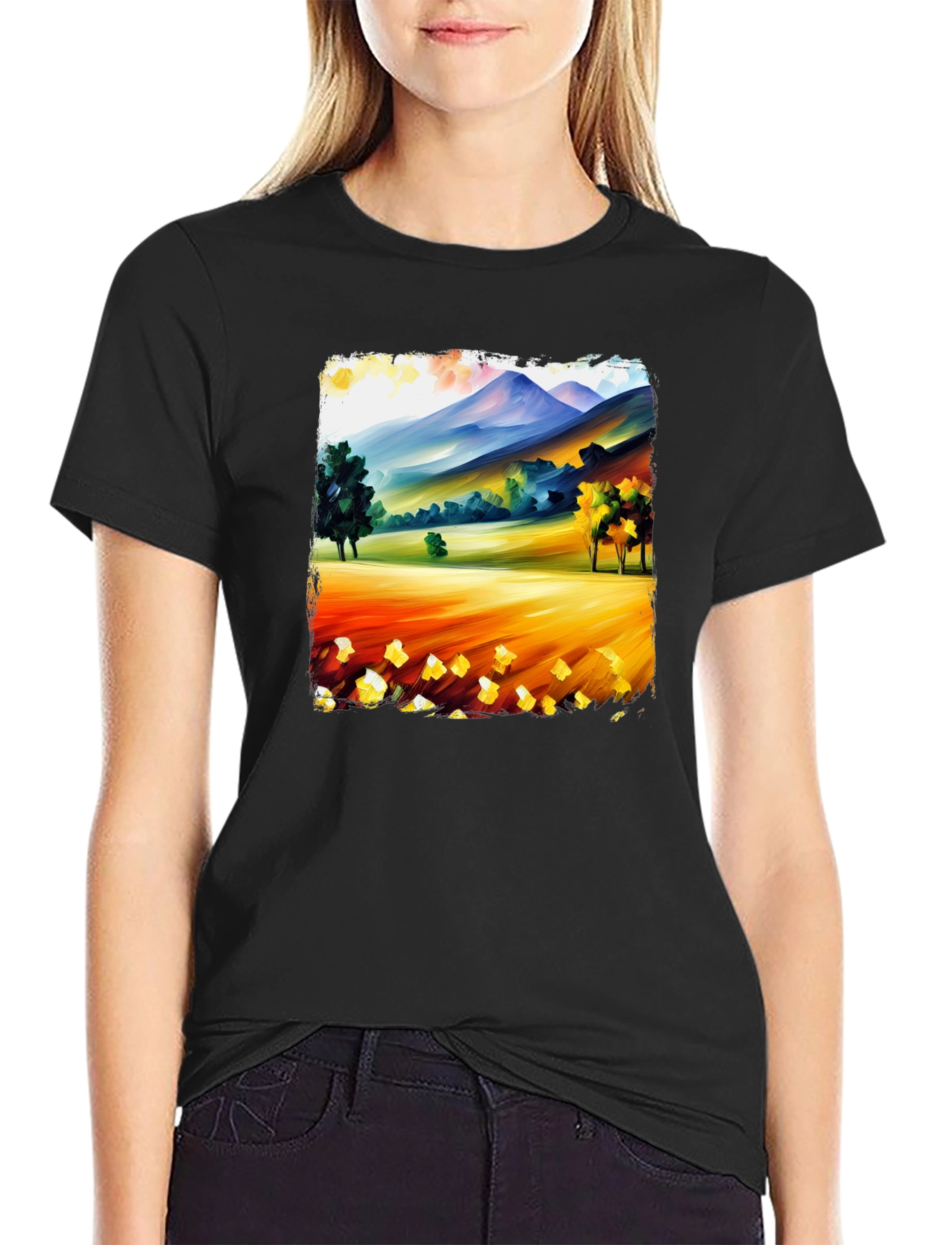 Painted Landscape Tee - Black Cotton T-Shirt