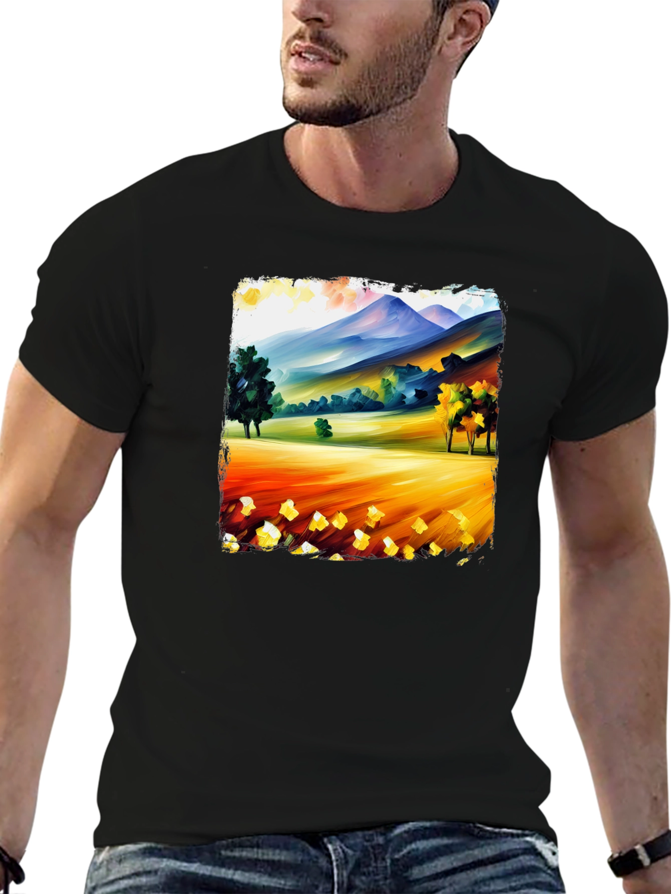 Painted Landscape Tee - Black Cotton T-Shirt