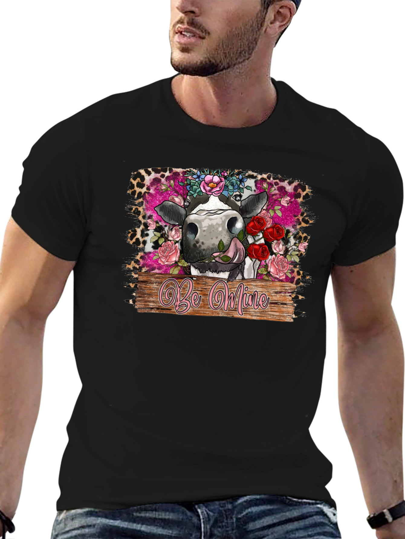 Be Mine Cow Valentines Day Black T-Shirt