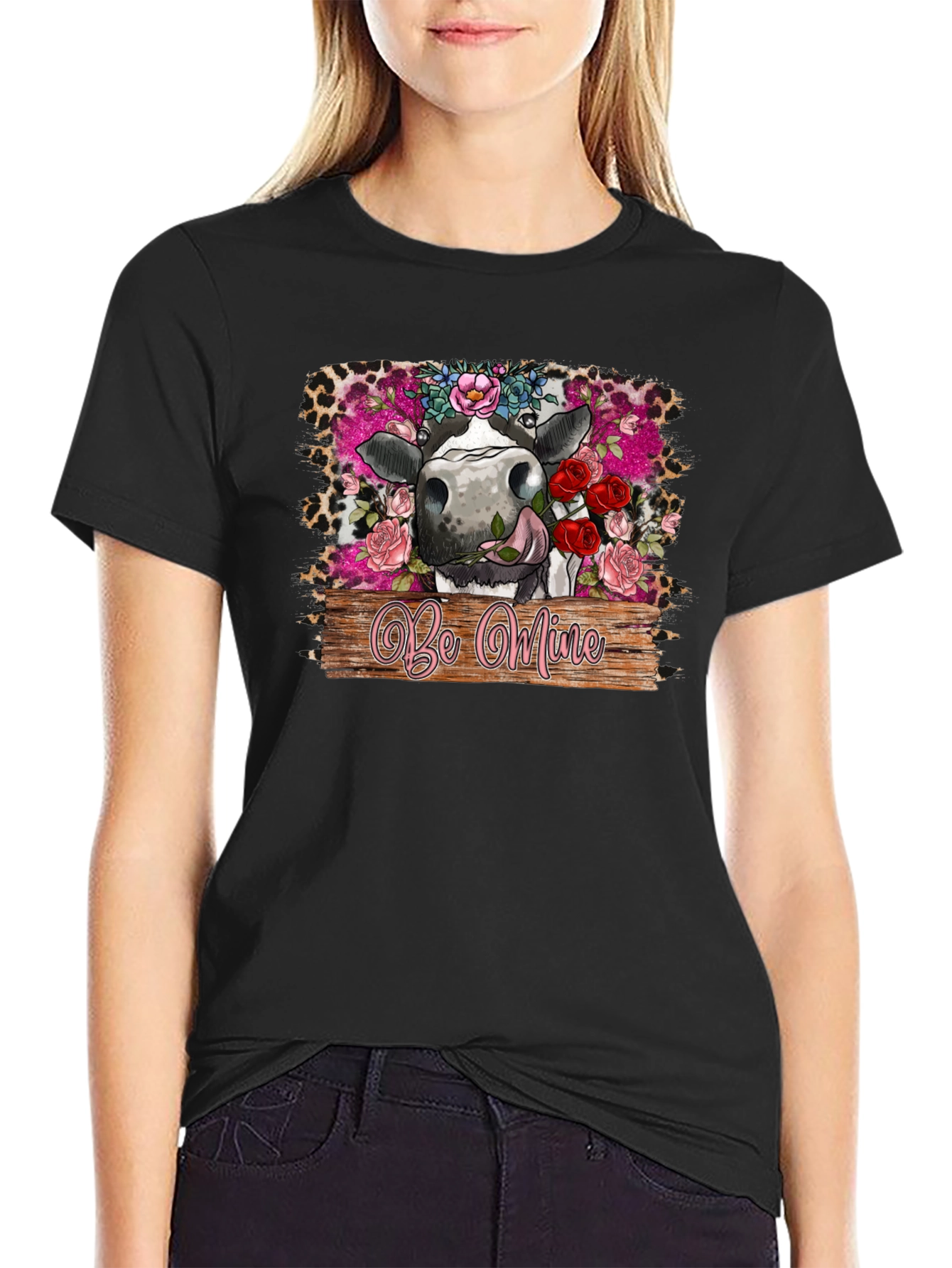 Be Mine Cow Valentines Day Black T-Shirt