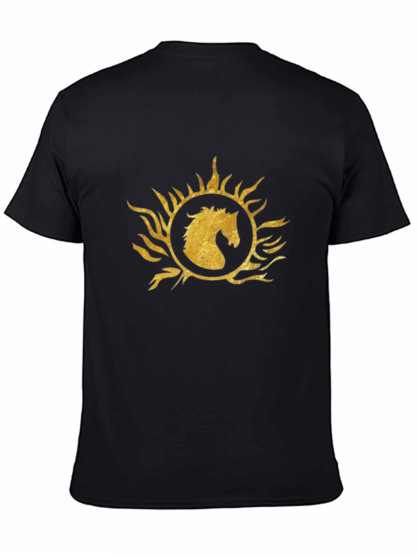 Black T-Shirt with Gold Horse Sunburst Graphic