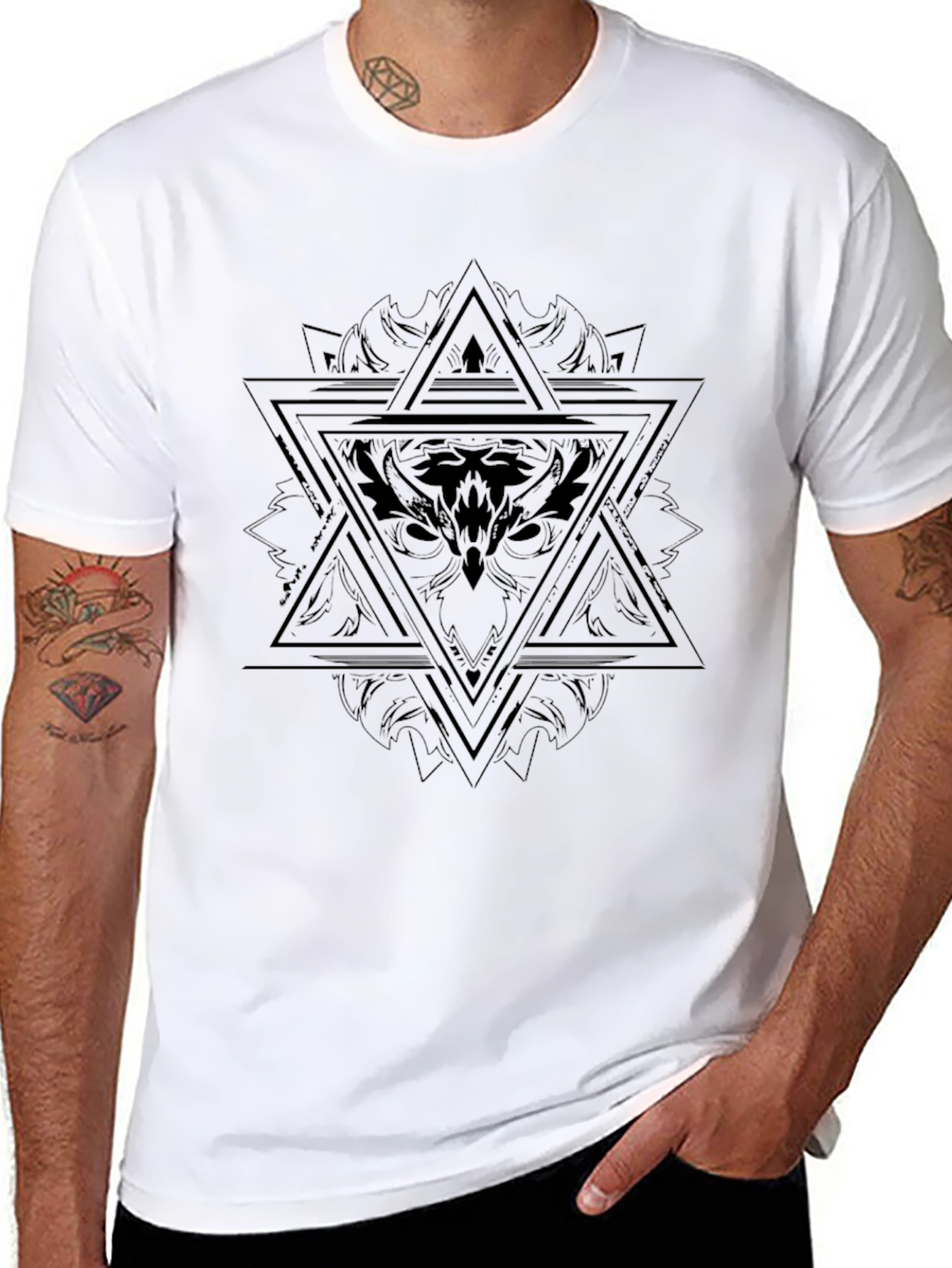 Black T-Shirt with Geometric Owl Design