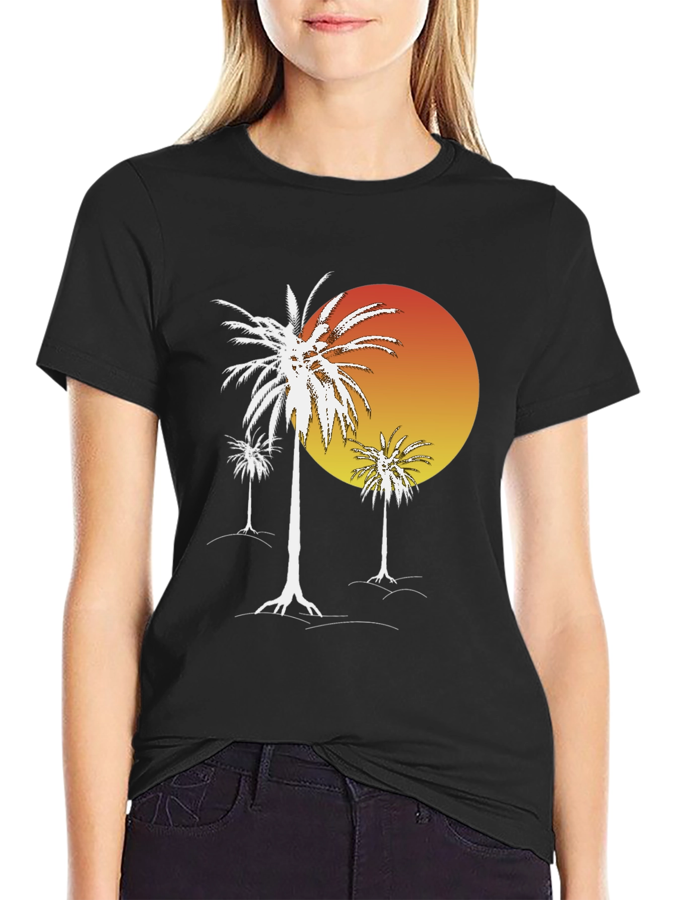 Sunset Palm Tree Graphic T-Shirt - Black