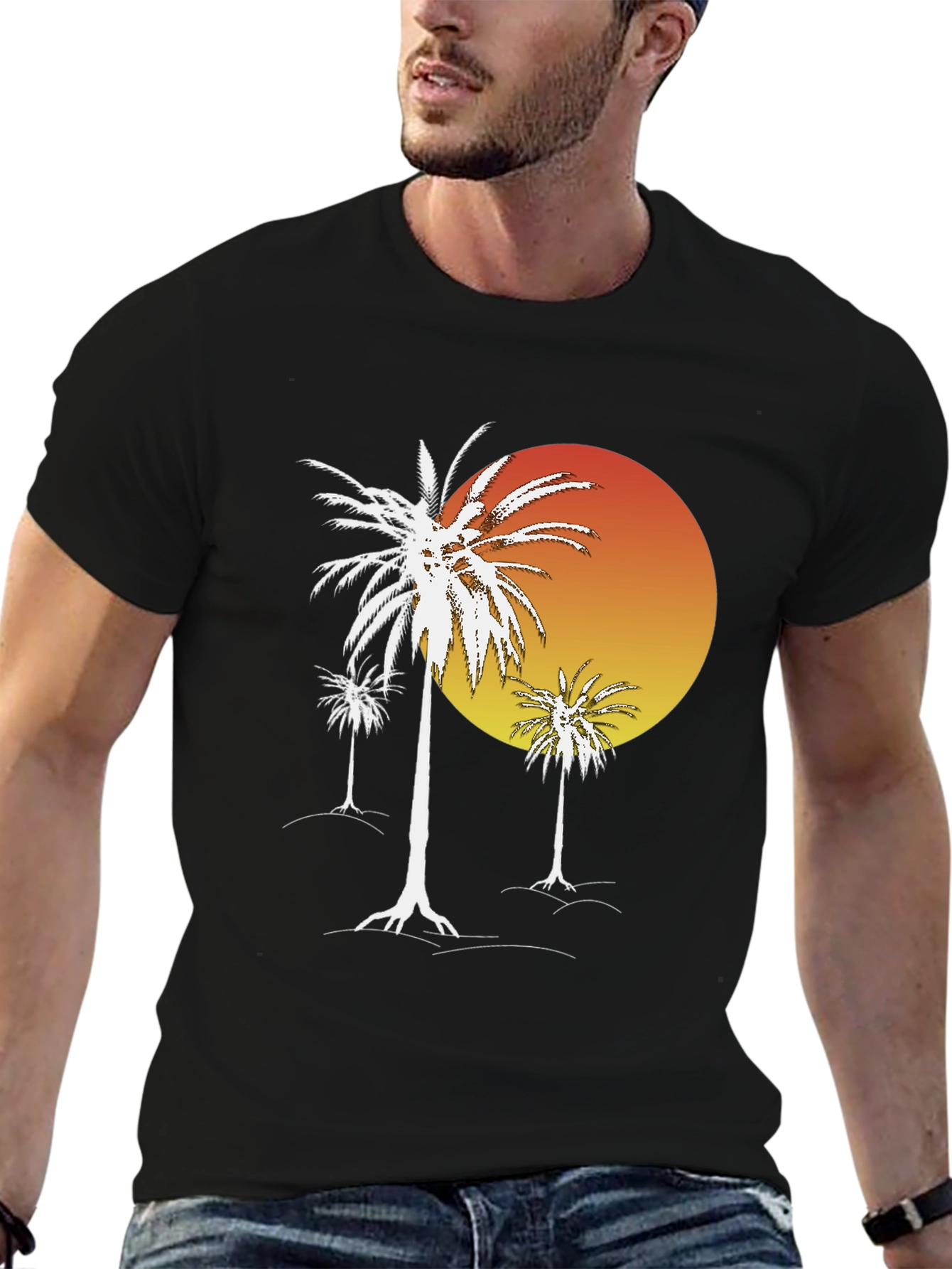 Sunset Palm Tree Graphic T-Shirt - Black