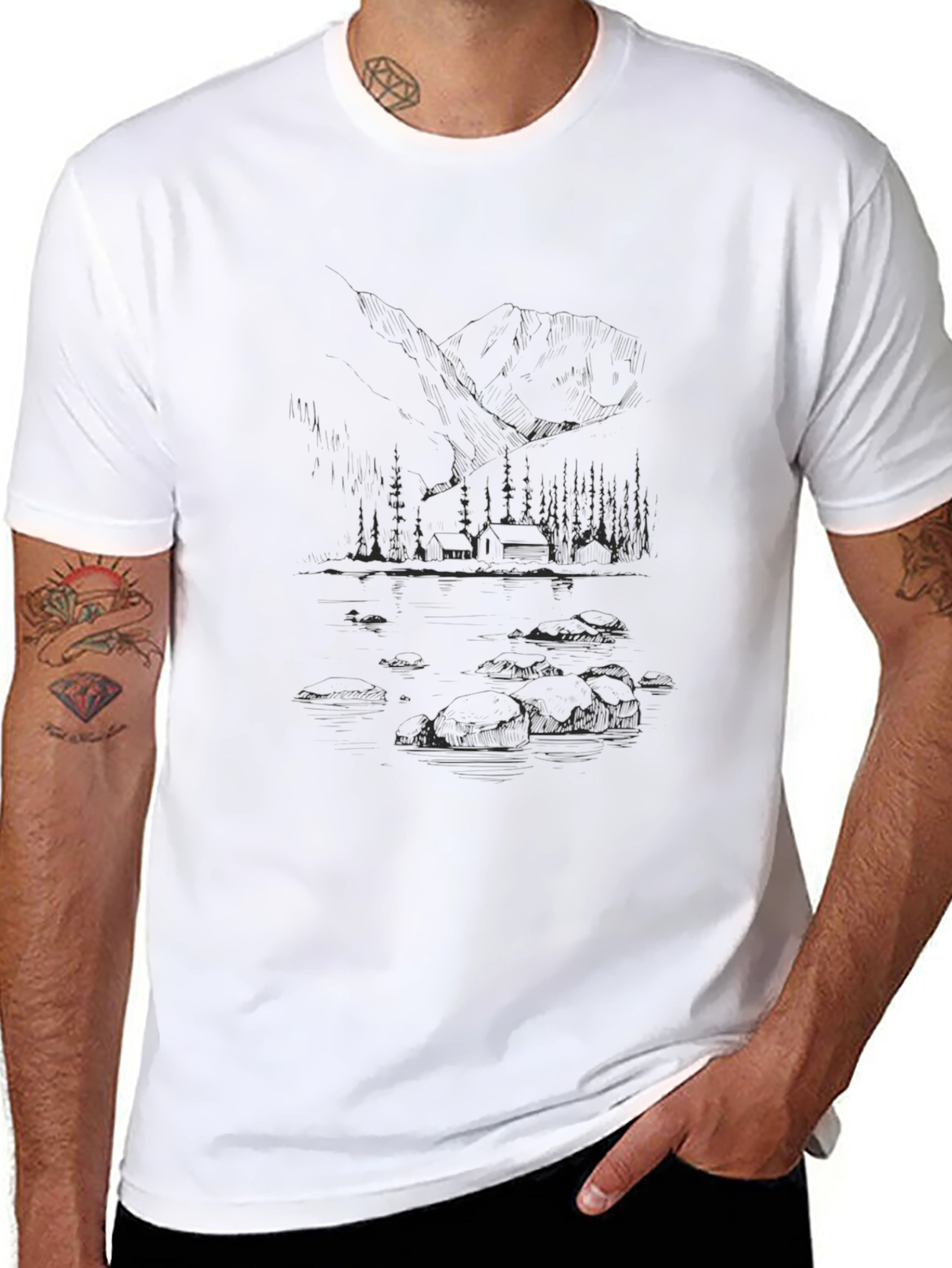 Nature Sketch Tee - Mountain Cabin Lake Scene