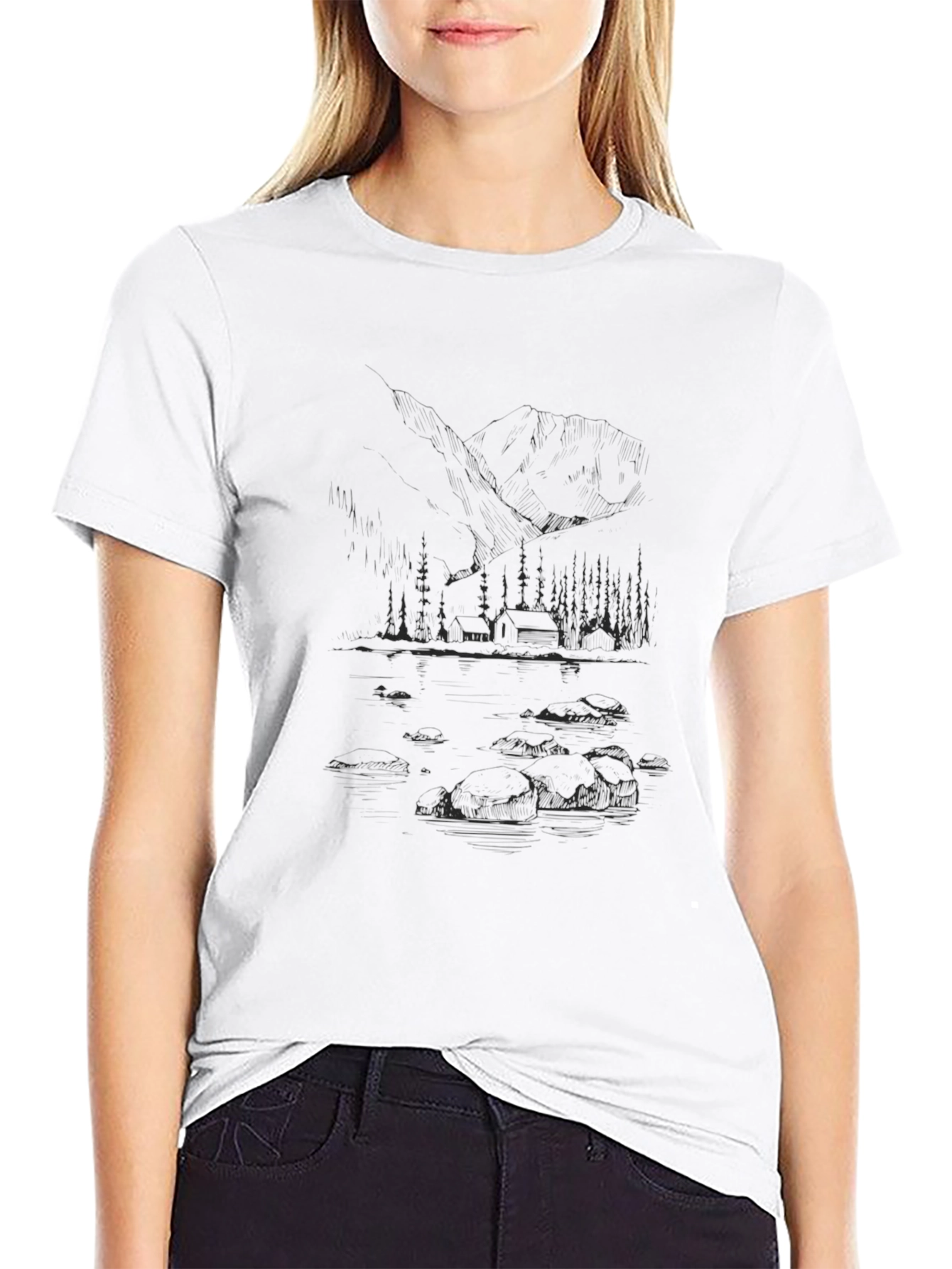 Nature Sketch Tee - Mountain Cabin Lake Scene