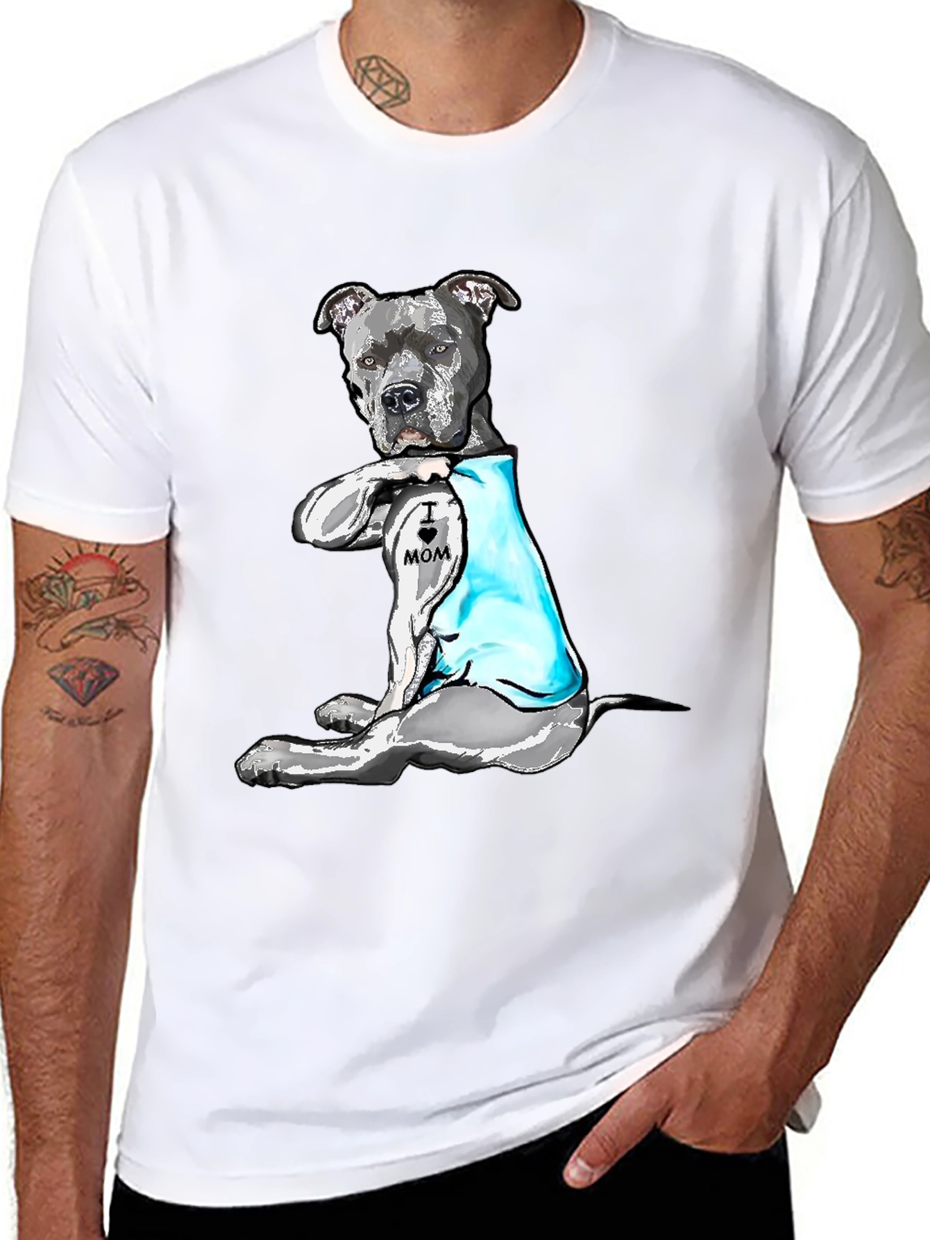 Pitbull Dog I Heart Mom Tattoo Black T-Shirt