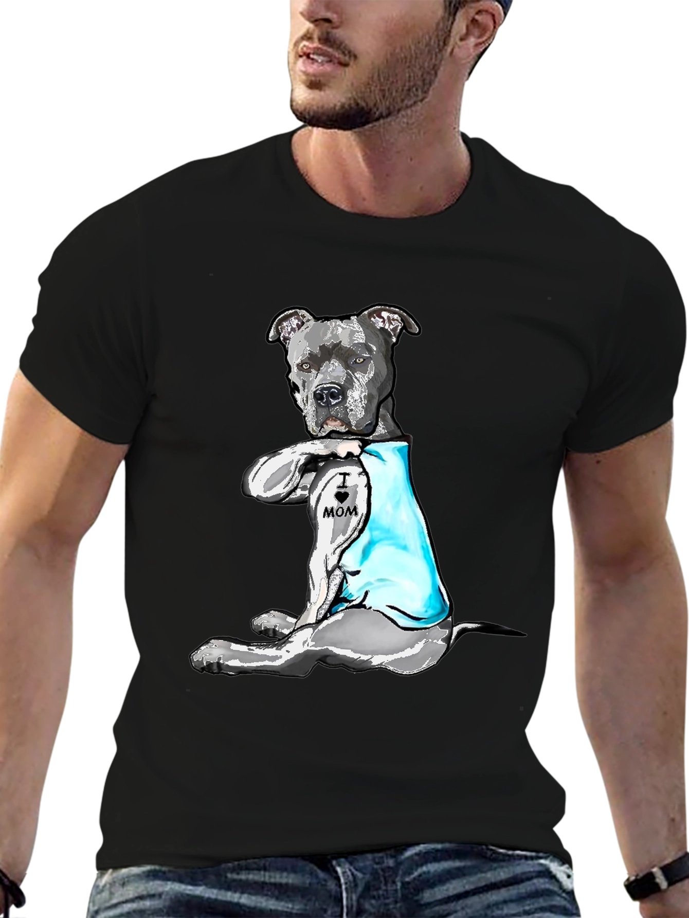 Pitbull Dog I Heart Mom Tattoo Black T-Shirt
