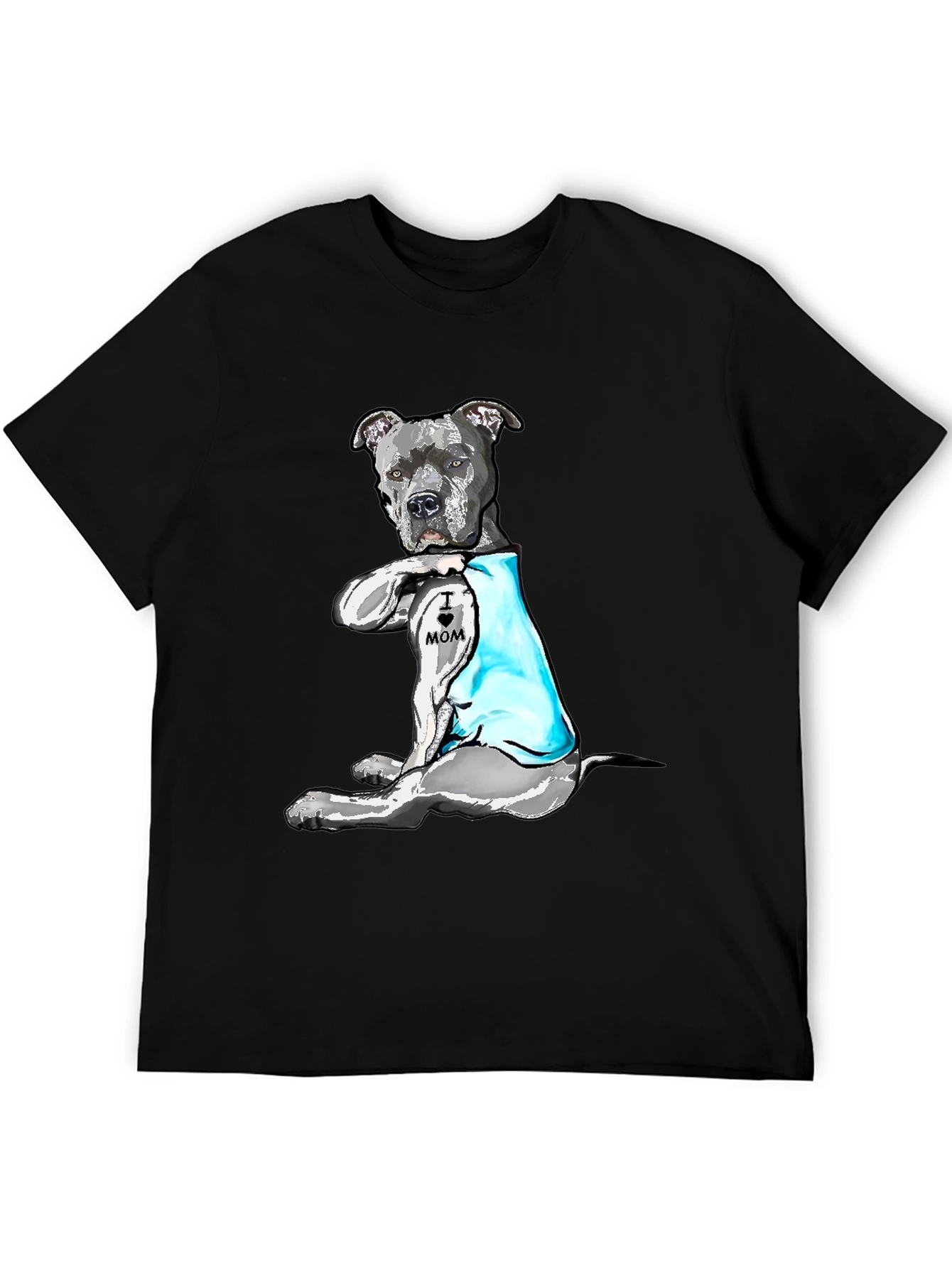 Pitbull Dog I Heart Mom Tattoo Black T-Shirt