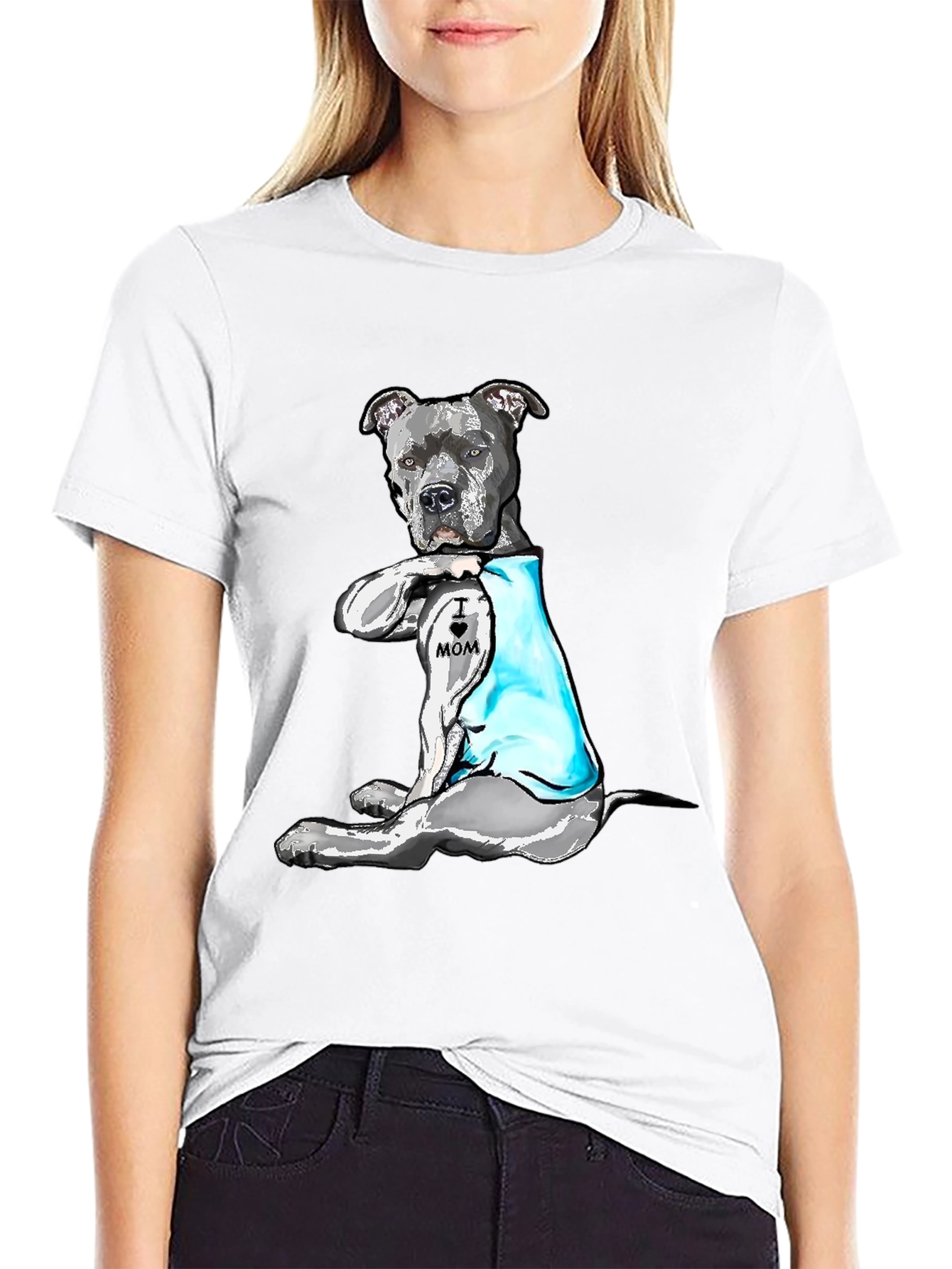 Pitbull Dog I Heart Mom Tattoo Black T-Shirt
