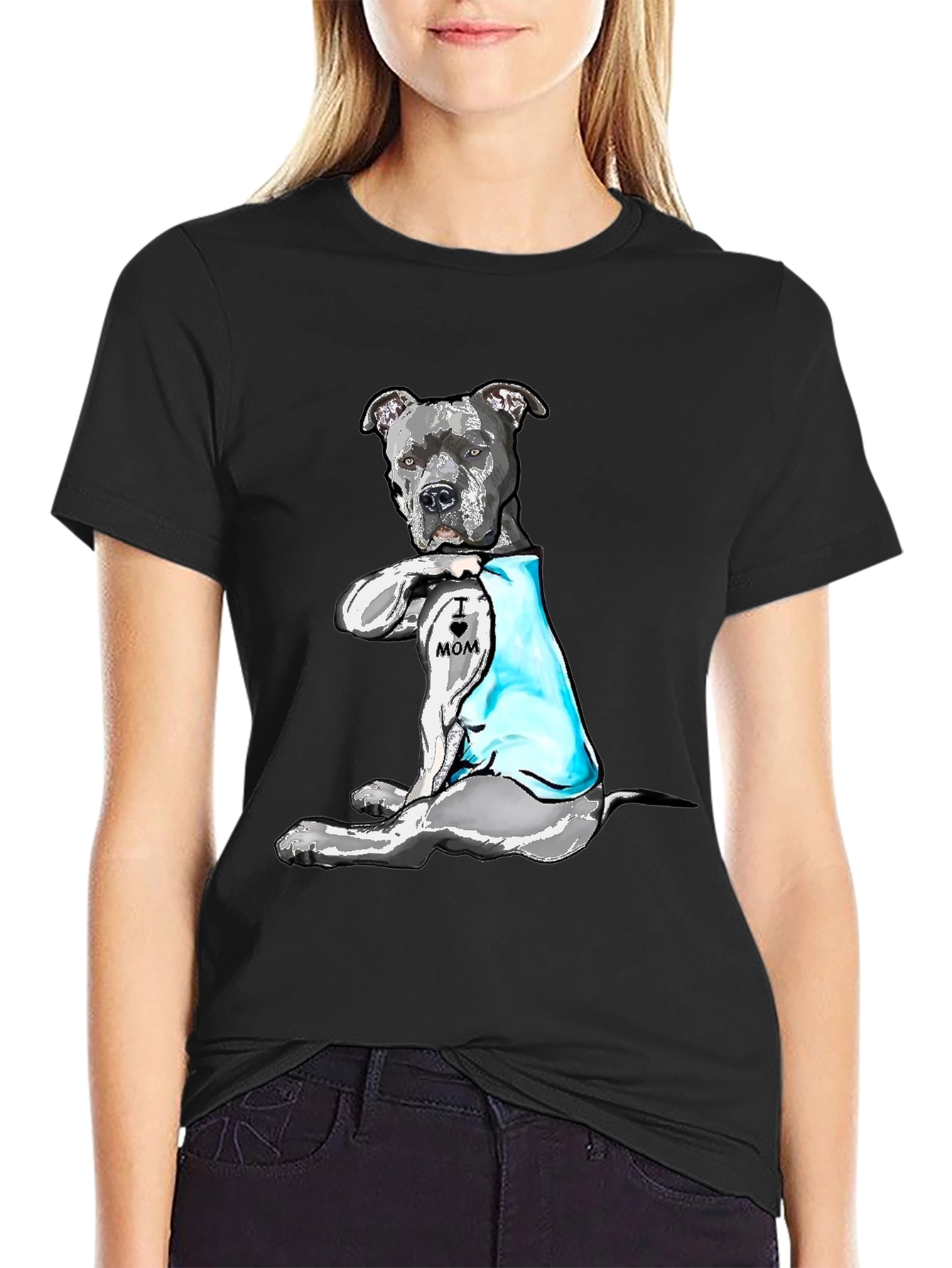 Pitbull Dog I Heart Mom Tattoo Black T-Shirt