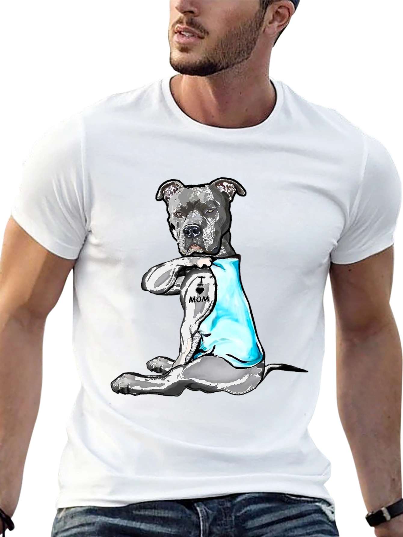 Pitbull Dog I Heart Mom Tattoo Black T-Shirt