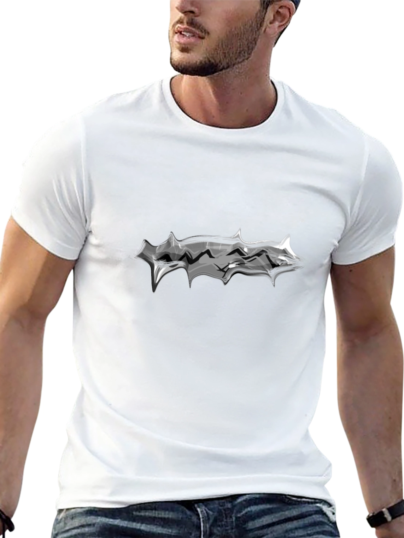 Mens Black T-Shirt with Abstract Silver Graphic