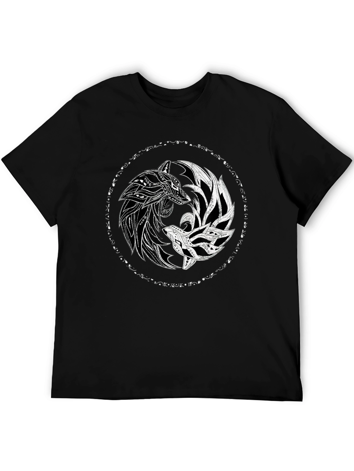 Yin Yang Wolves Graphic Tee - Black Cotton T-Shirt
