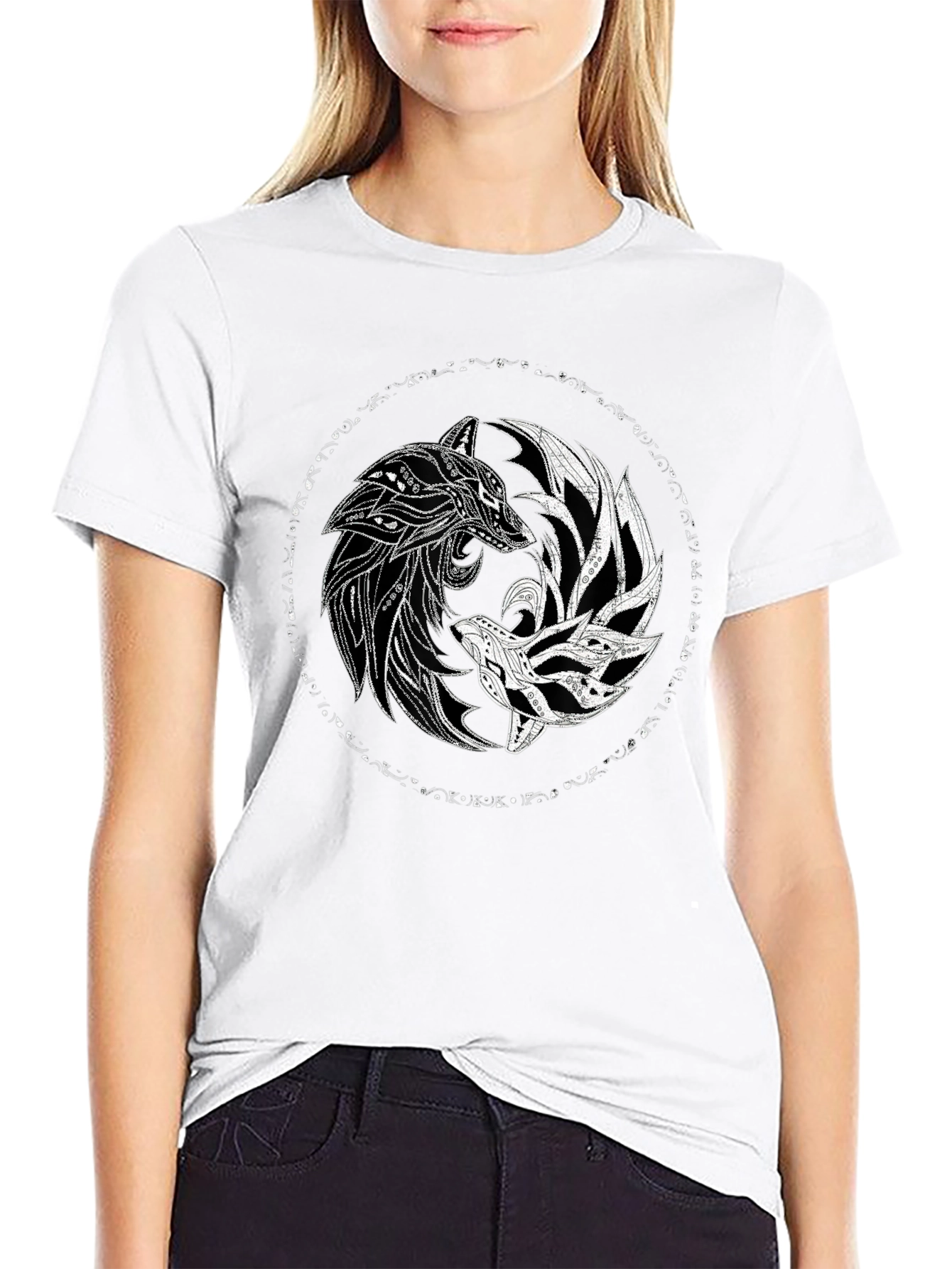 Yin Yang Wolves Graphic Tee - Black Cotton T-Shirt