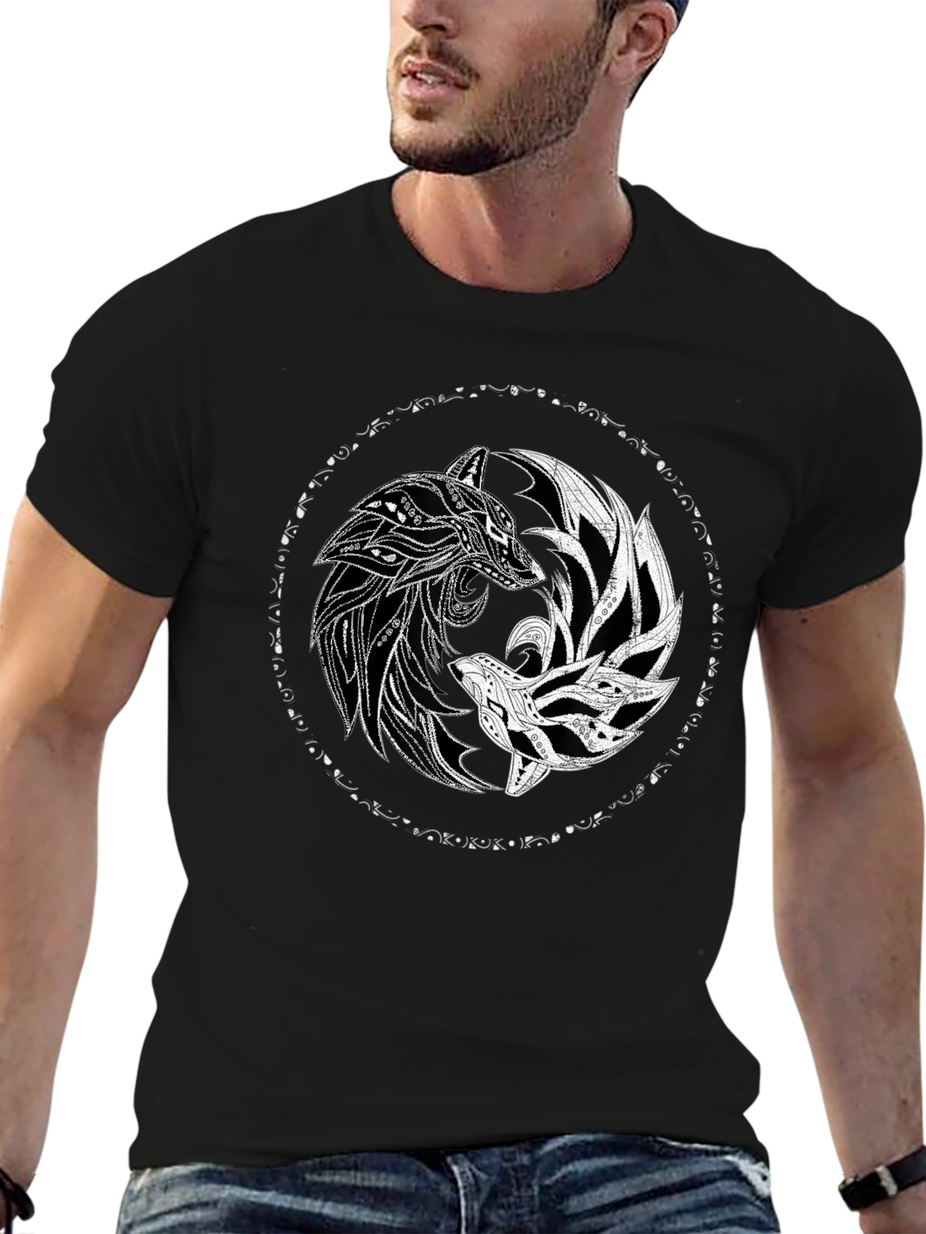 Yin Yang Wolves Graphic Tee - Black Cotton T-Shirt