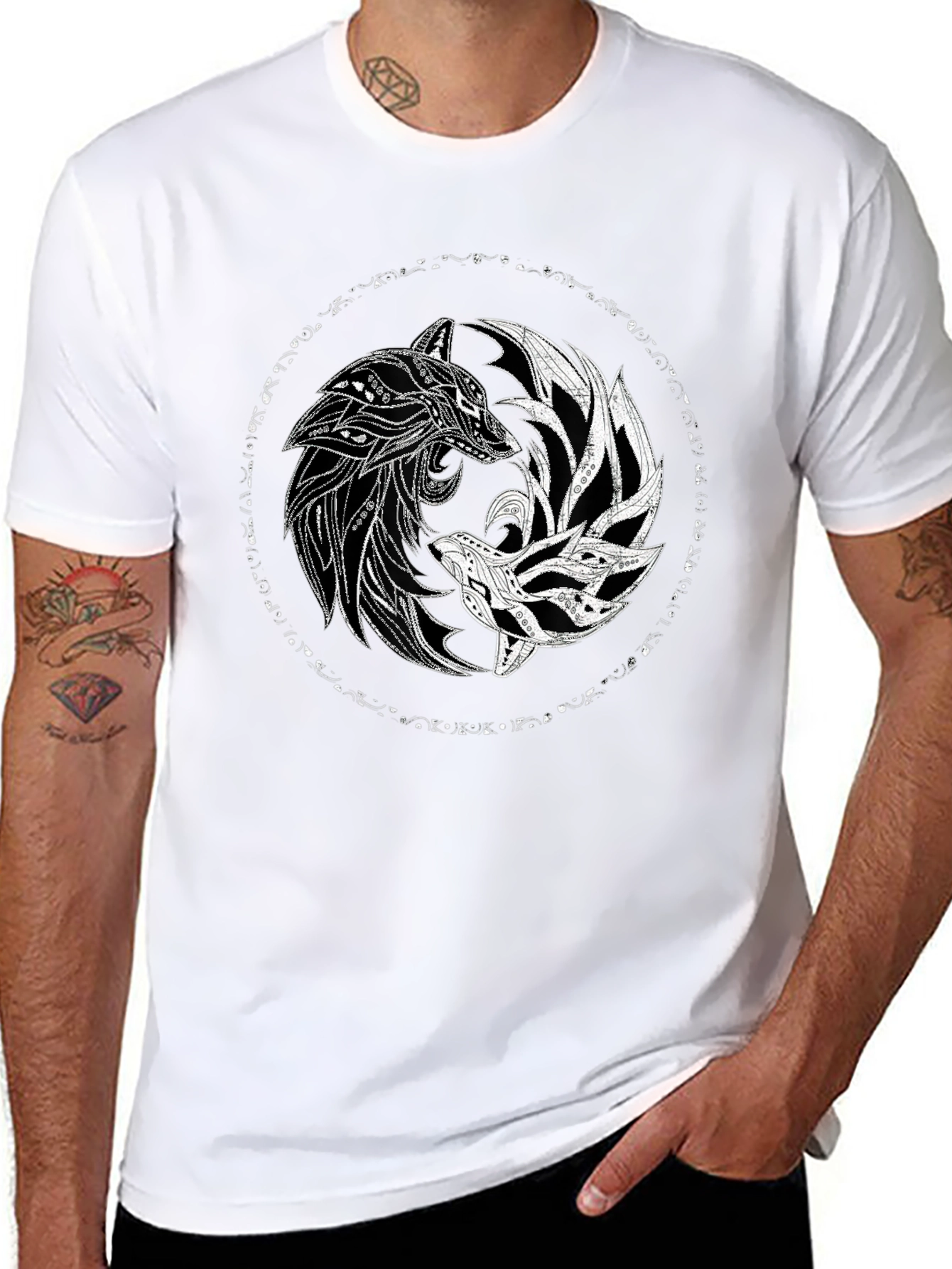 Yin Yang Wolves Graphic Tee - Black Cotton T-Shirt