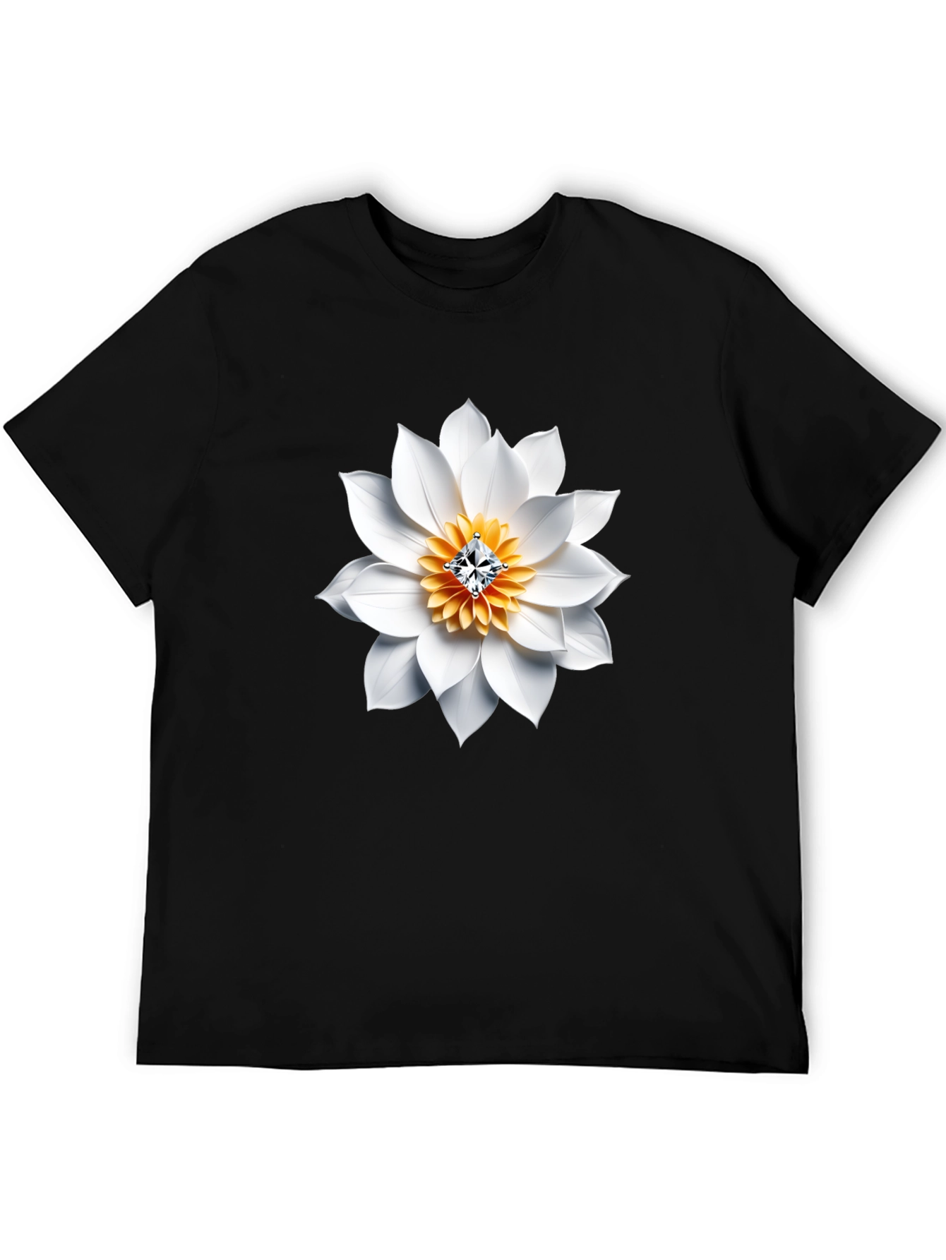 Black T-Shirt with White Floral Diamond Design
